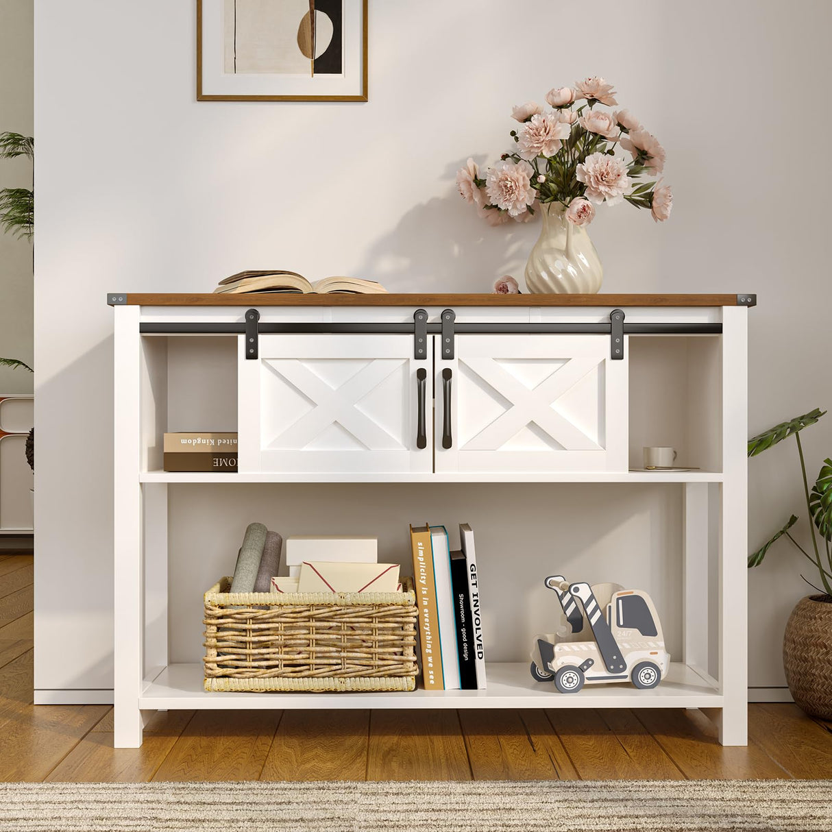 HXBOAUVS Farmhouse Entryway Table with LED Light, Sofa Table with Sliding Barn Door, Adjustable Open Shelves, 46" Rustic Console Table with Storage, Antique White Hallway for Living Room Bedroom HXBOAUVS