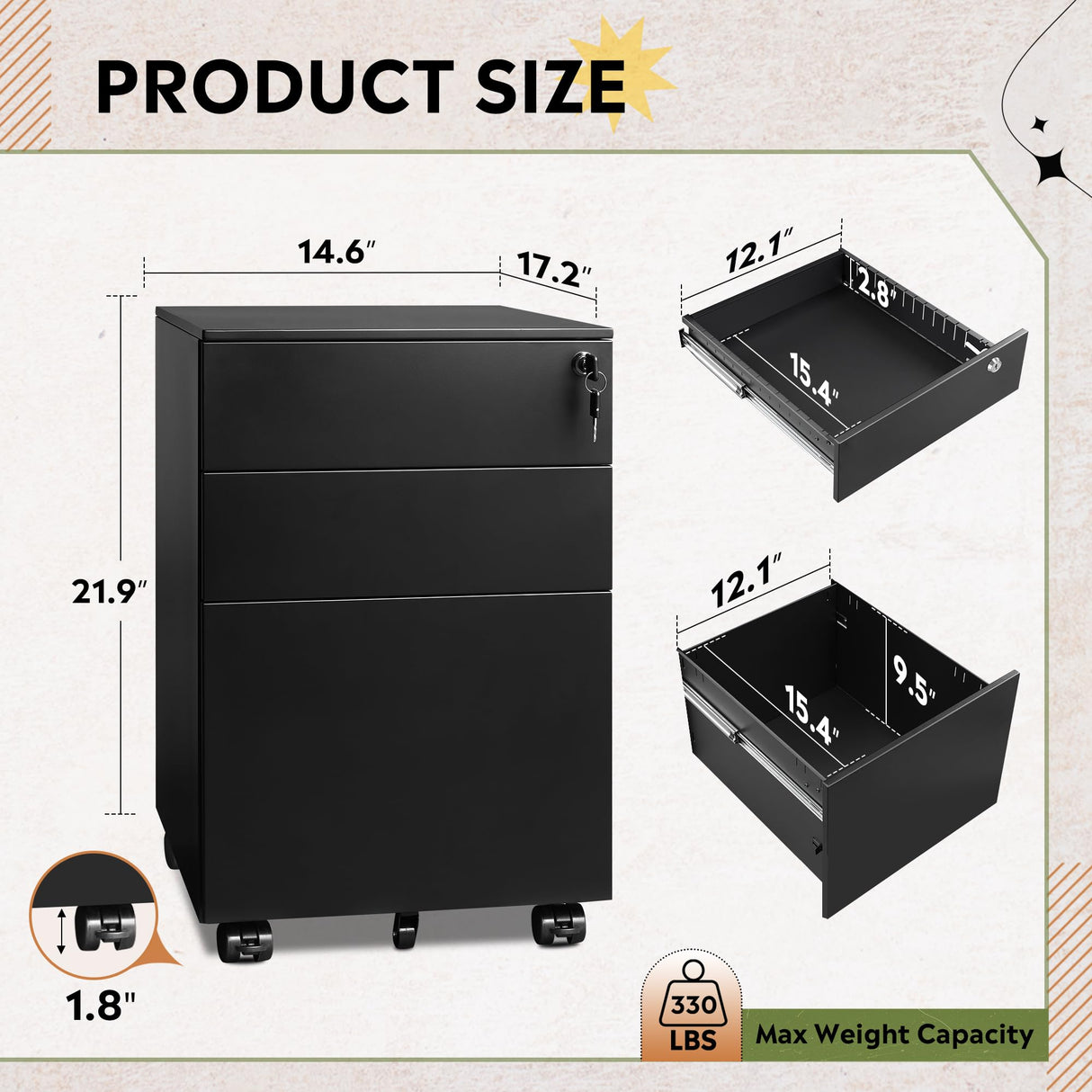 DEVAISE Locking File Cabinet, 3 Drawer Rolling Pedestal Under Desk Office, Fully Assembled Except Casters, Black DEVAISE