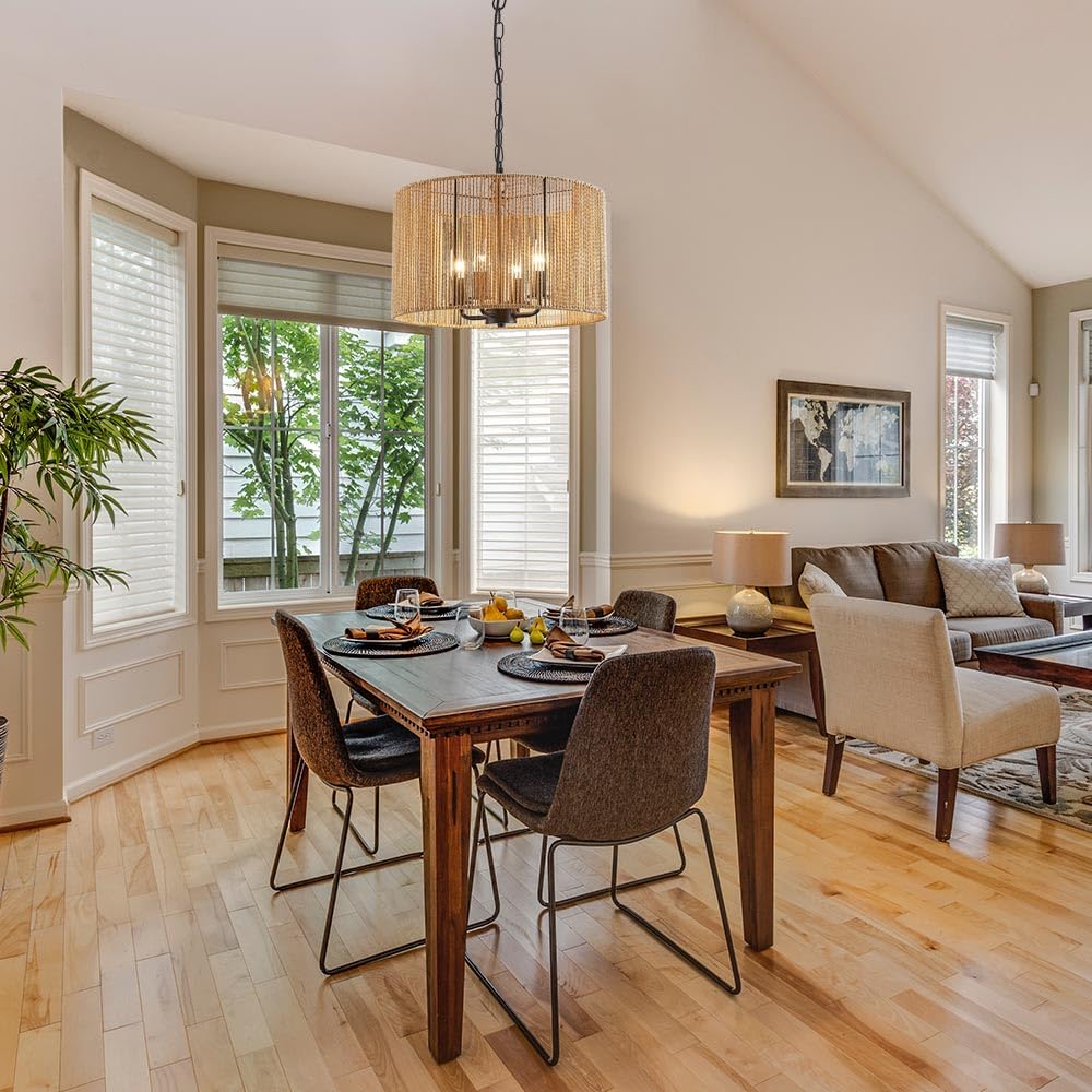 TELAFLY Rattan Wicker Drum Chandelier Light Fixtures,4 Light Boho Pendant Light Farmhouse Rustic Hand Woven Lighting for Dining Room Kitchen Island Living Room Bedroom TELAFLY