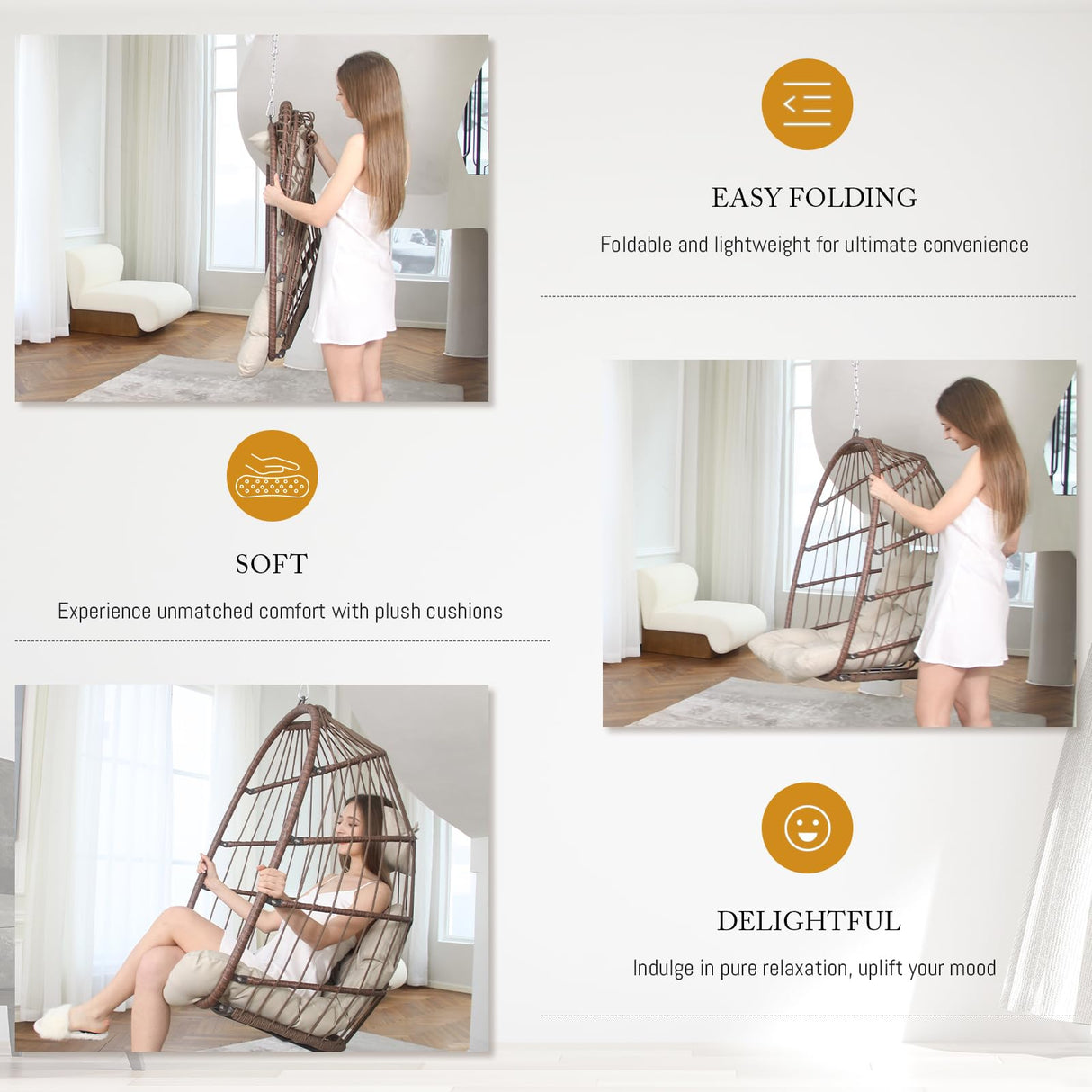 BULEXYARD Hanging Egg Chair Without Stand 350lbs Capacity, Brown Wicker Swing Egg Chair with Beige Cushion for Indoor/Outdoor Patio Porch Balcony, Foldable Hammock & Tree/Ceiling/Beam Mount BULEXYARD