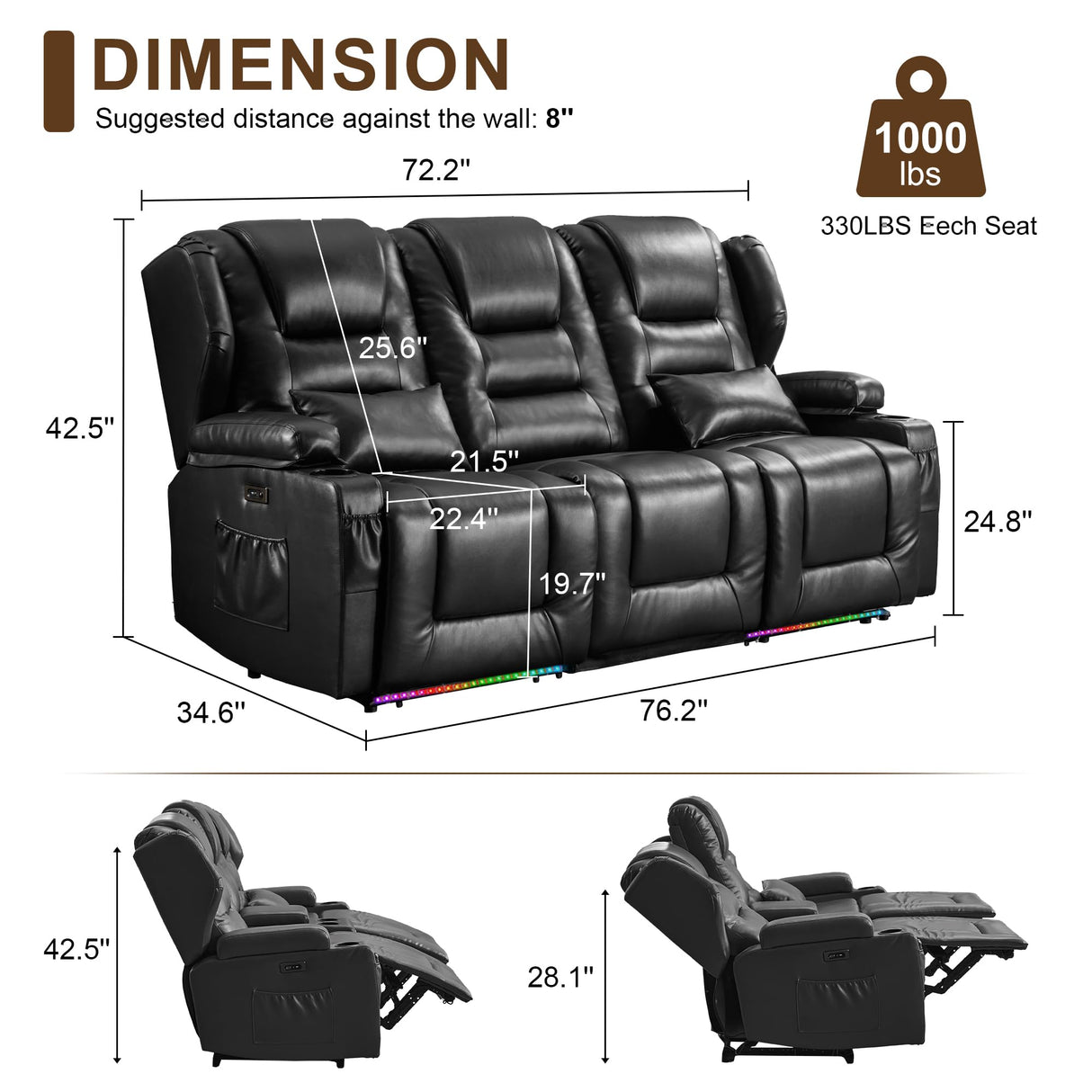 DRMBOOK RV Power Loveseat Recliner Sofa, Faux Leather 3-Seater Wall Hugger Reclining Sofa, Home Theater Seating Chair with Cup Holders, 3 Person Couch RV Furniture for Living Room, Black DRMBOOK