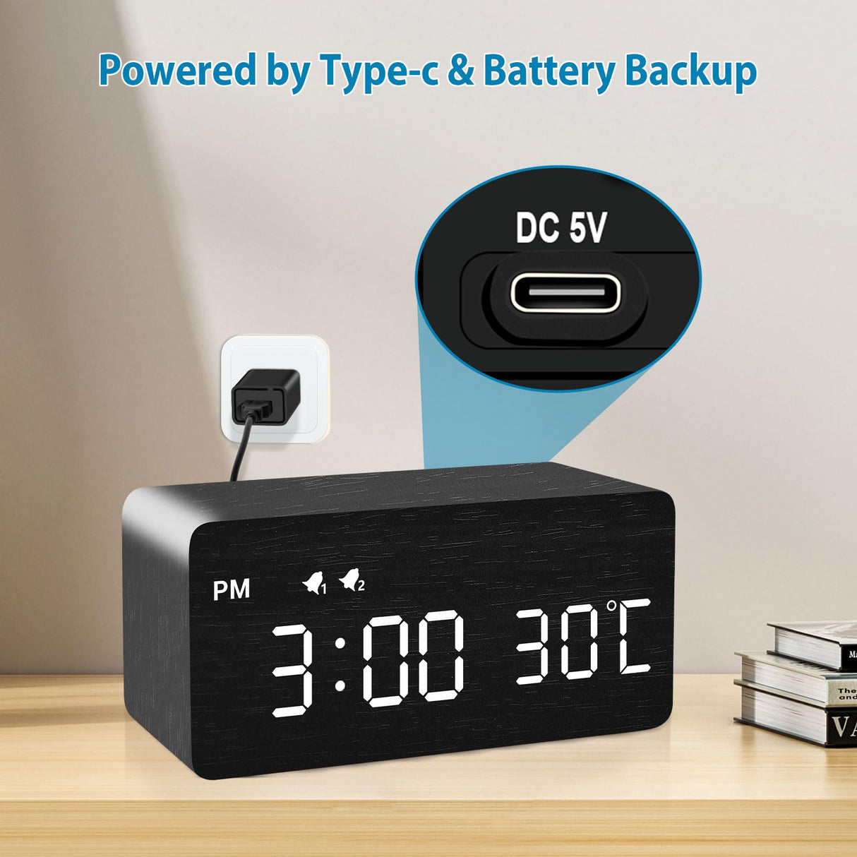 MOSITO Digital Wooden Alarm Clock with Wireless Charging, 0-100% Dimmer, Dual Alarm, Weekday/Weekend Mode, Snooze, Wood LED Clocks for Bedroom, Bedside, Desk, Kids (Black) MOSITO