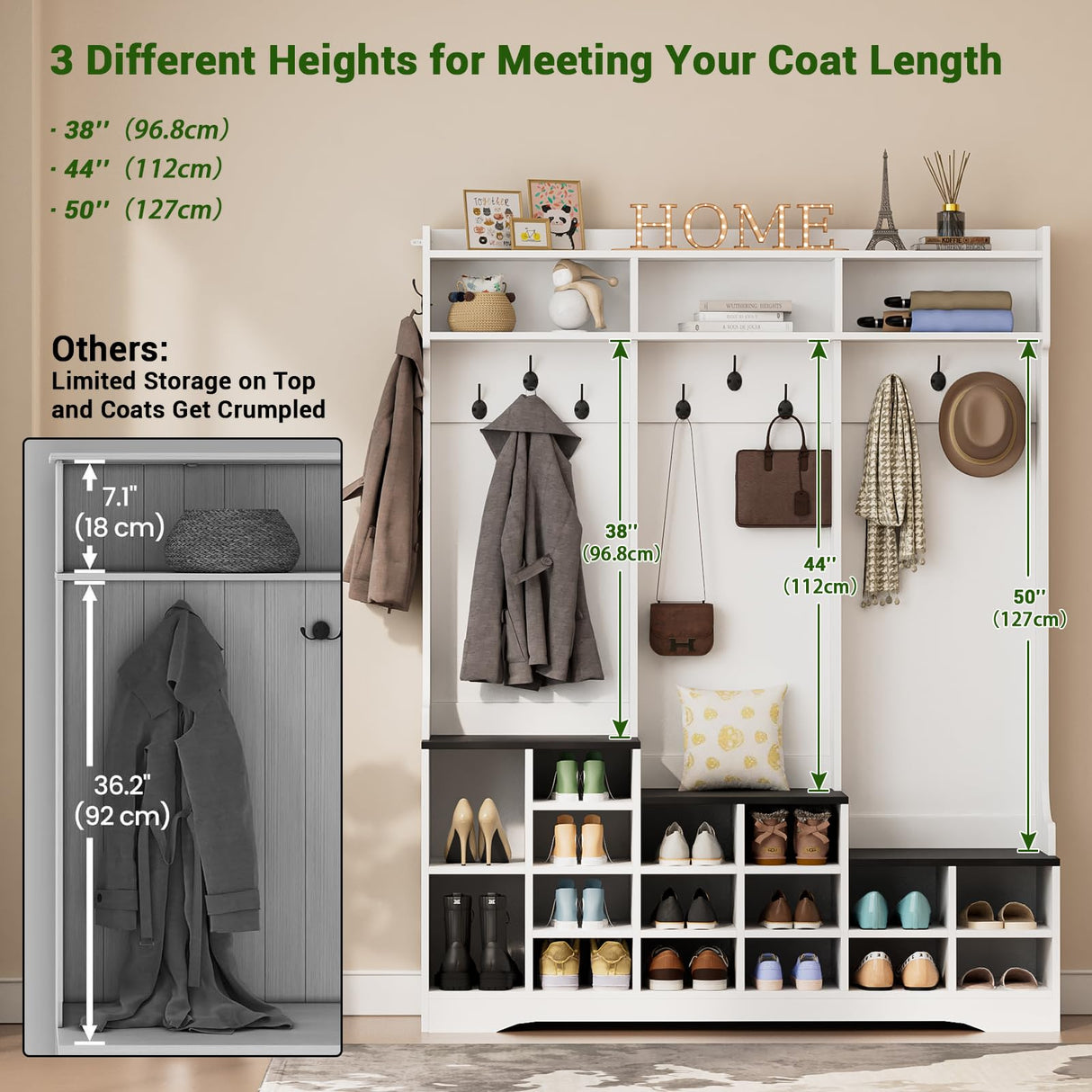 77" Hall Tree with Shoe Storage and Coat Rack, Farmhouse Entryway Bench, 16 Shoe Cubbies & 10 Coat Hooks, 15.8"D x 59"W x 77"H, Freestanding Entrance Storage Cabinet for Entryway Hallway, White Yeyawomy