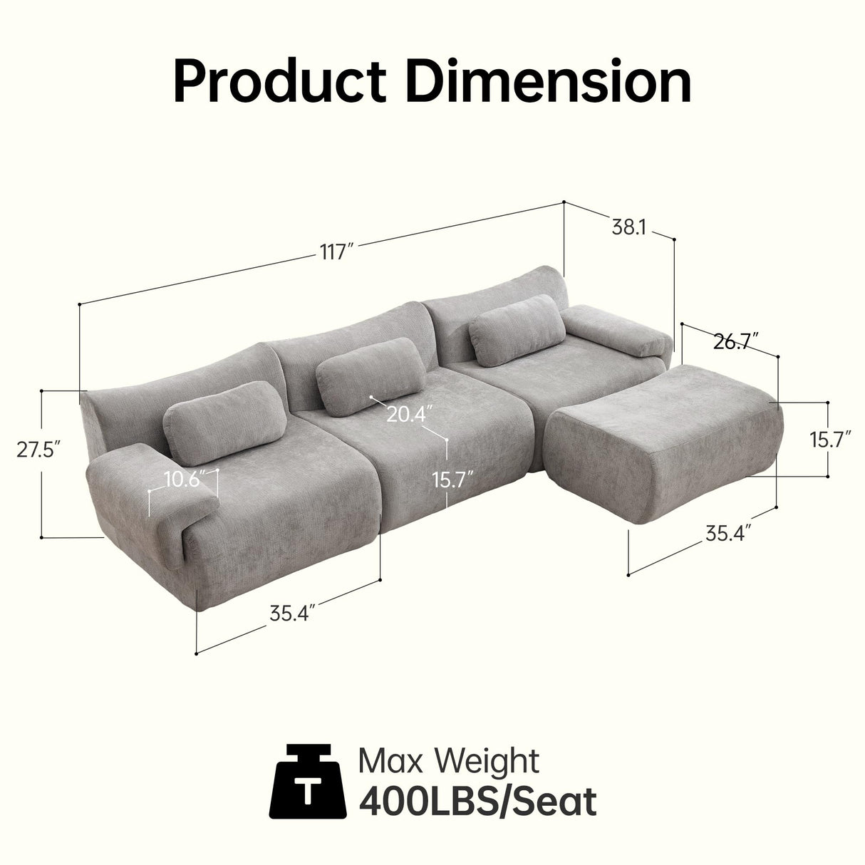 MAXMXX 117”L Shaped Modern Sofa Modular Sectional Cloud Couch with Ottoman,Oversized Boneless Sofa,3+1 Seater Chenille Deep-Seat Sofa with 3 Pillows,Suitable for Living Room or Bedroom (Grey) MAXMXX