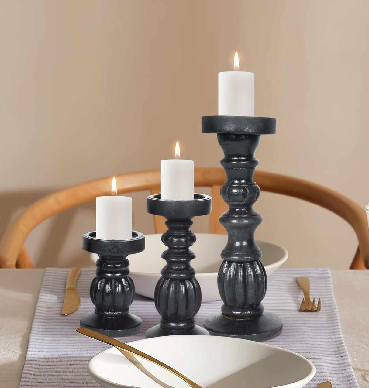 Farmhouse Wooden Candle Holders for Pillar Candles Set of 3, Rustic Wood Candle Holder Table Centerpiece Decor, 12'' 9'' 6'' Ball Design Tall Candle Stand Decorative, Black The Wooden Town