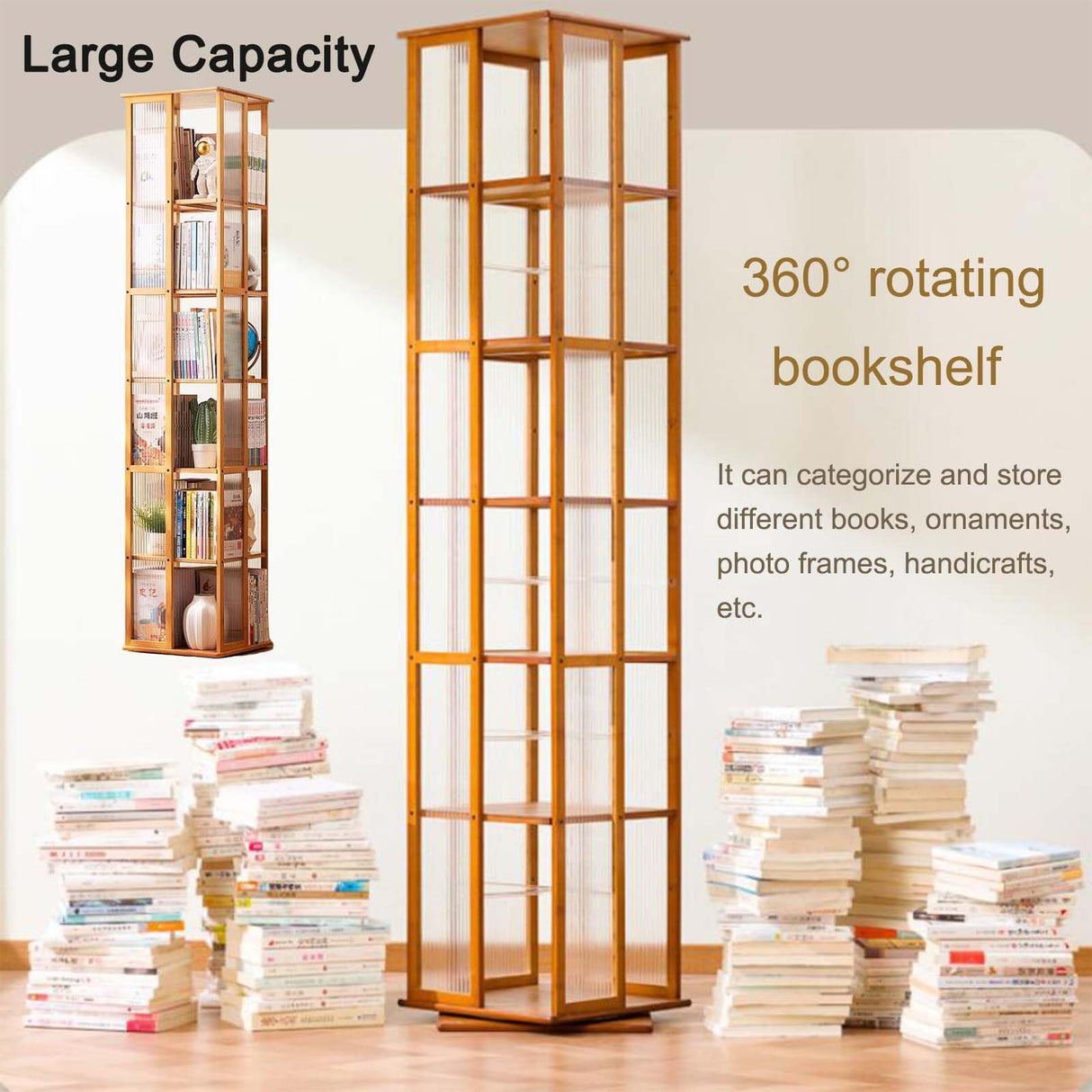 360° Rotating Brown Bookshelf - 6-Tier Floor Standing Corner Organizer for Small Spaces Generic