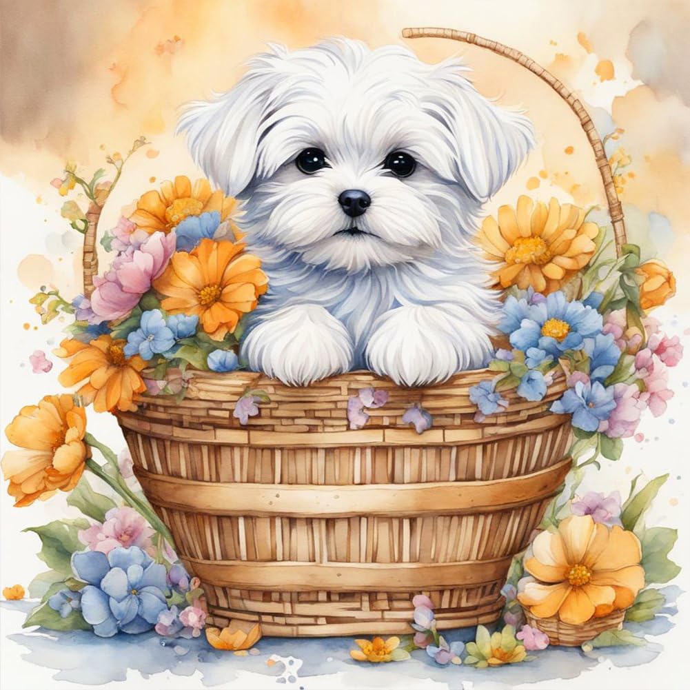 WSLWXSHM Diamond Painting Kits for Adults, Dog Round Full Drill Diamond Art Kits, 5D DIY Paint with Diamonds Crafts for Home Wall Decoration Gifts 12×12Inch Flower Basket WSLWXSHM