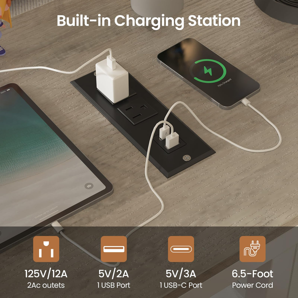 VIAGDO Bunk Bed Twin Over Twin with Charging Station and LED Lights, Heavy Duty Metal Bunk Bed with Desk and 3 Storage Drawers, Utility Storage Shelf and Boxes, No Box Spring Needed, White VIAGDO