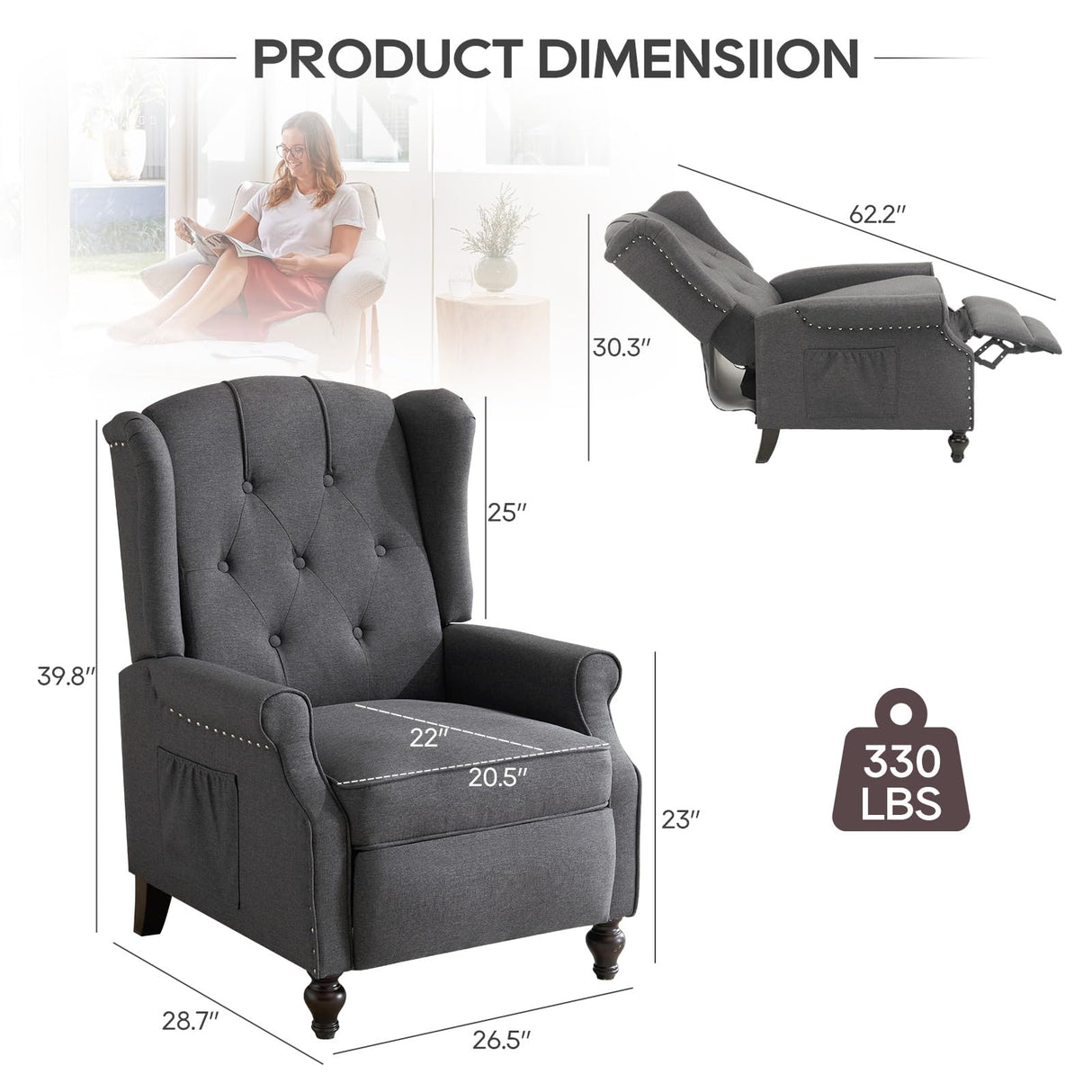 P.H.Furn Wingback Recliner Chair with Massage and Heat, Upholstered Fabric Living Room Chair Armchair with Nailhead Trim,Push Back Recliner Chair with Remote Control,Padded Cushion (Grey) P.H.Furn