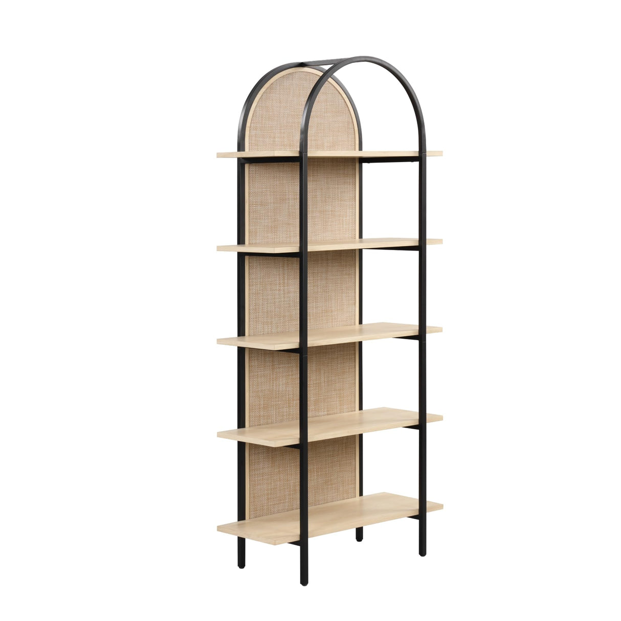 Nathan James Amara Bohemian 5-Shelf Etagere Bookcase, Rattan Open Bookshelf with Arch Top, Light Oak/Matte Black Nathan James