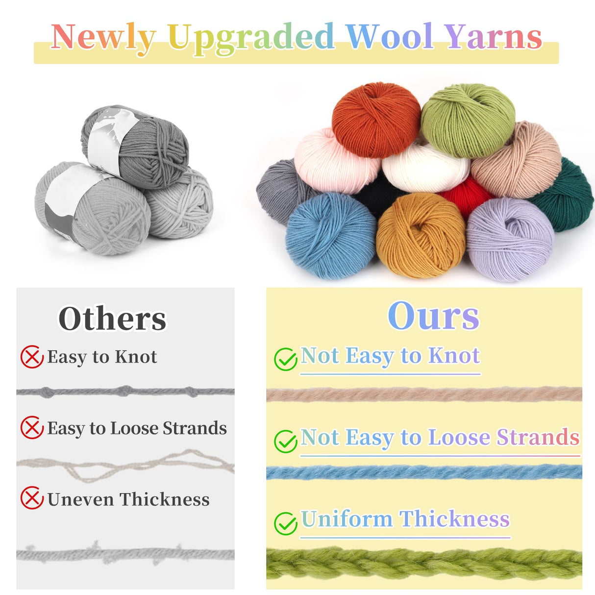 Coopay Yarn for Crocheting, 12 Premium Wool Yarns - 98% Wool 2% Cotton, 1.76oz, 164yds - Crochet Yarn for Clothes, Scarves, Blankets, Shawls (Multicolor) Coopay