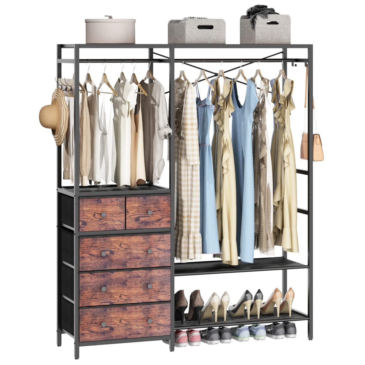 Auromie Clothes Rack with 5 Drawers & 4 Storage Shelves, 59.1W*70.9H Heavy Duty Clothing Rack with 2 Hanging Rods, Wardrobe Closet Organizer System with 5 Hooks, Freestanding Garment Rack (Rustic) Auromie