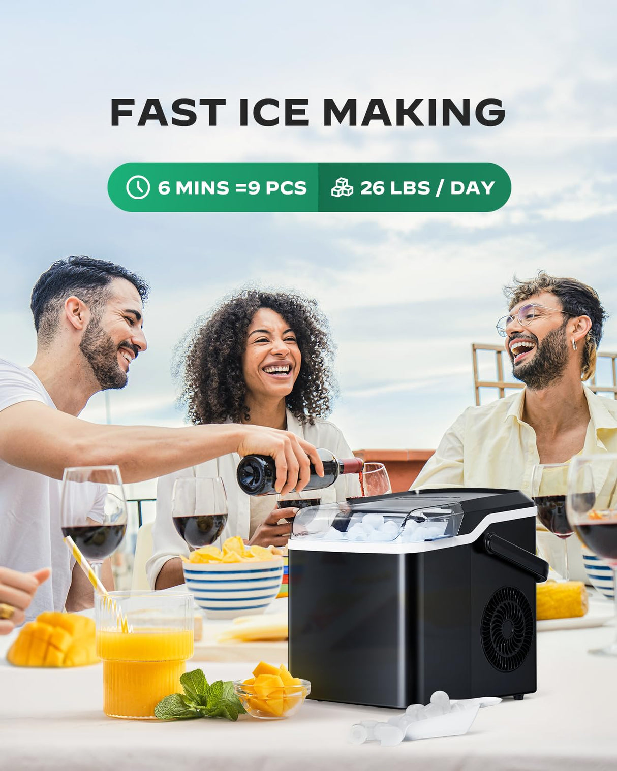 Silonn Countertop Ice Maker - 9 Cubes Ready in 6 Mins, 26lbs in 24Hrs, Portable Ice Machine with Self-Cleaning, 2 Sizes of Bullet Ice for Home/Kitchen/Party/RV, Black Silonn