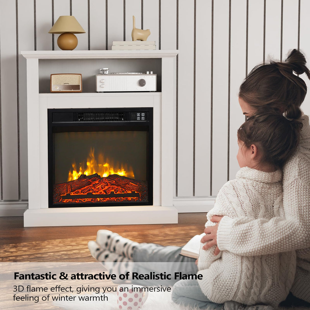 ROVSUN 30'' Electric Fireplace with Mantel, Freestanding Heater with Remote, Timer, Realistic Flame & Adjustable Temperature for Home Bedroom Living Room Indoor, 1400W ROVSUN