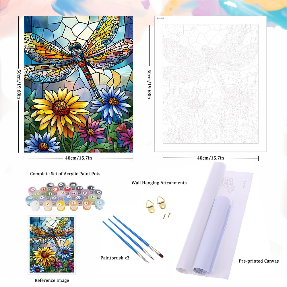 Natuyalo Paint by Numbers Kit for Adults Beginners, 16" Wx20 L Canvas Pictures Painting Acrylic Paintwork with 3 Pcs Paintbrushes, Dragonfly and Flowers Natuyalo