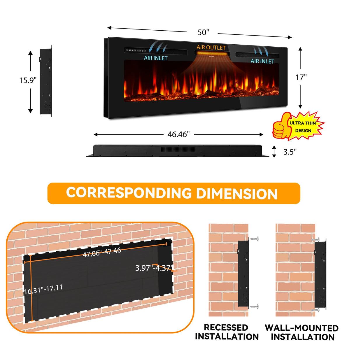 Tehanld 50 Inch Electric Fireplace in-Wall Recessed and Wall Mounted, Ultra-Thin Linear Fireplace Heater 750/1500W with Realistic Flame, Higher Temperatures & Lower Noise, Log Set & Crystal Options Tehanld