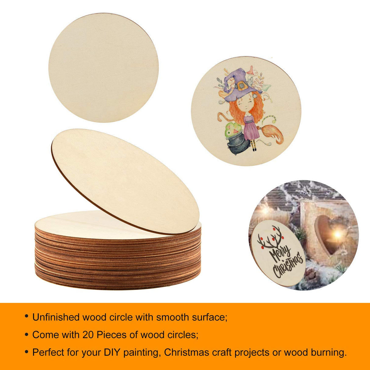 Coopay 20 Pieces 8 Inch Wooden Circles, Unfinished Round Wood Slices Natural Wooden Cutouts for Door Hanger, Painting, Wedding, Home Decoration DIY Wood Craft Supplies Coopay