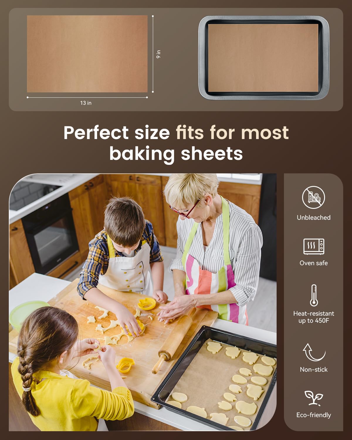 Parchment Paper Sheets, 9x13 In Non-Stick Precut Baking Parchment for Baking, Grilling, Air Fryer, Steaming, and More (Unbleached) - Quarter Sheet Size, Perfect for Bread, Cakes, Cookies, 100PCS Amfocus