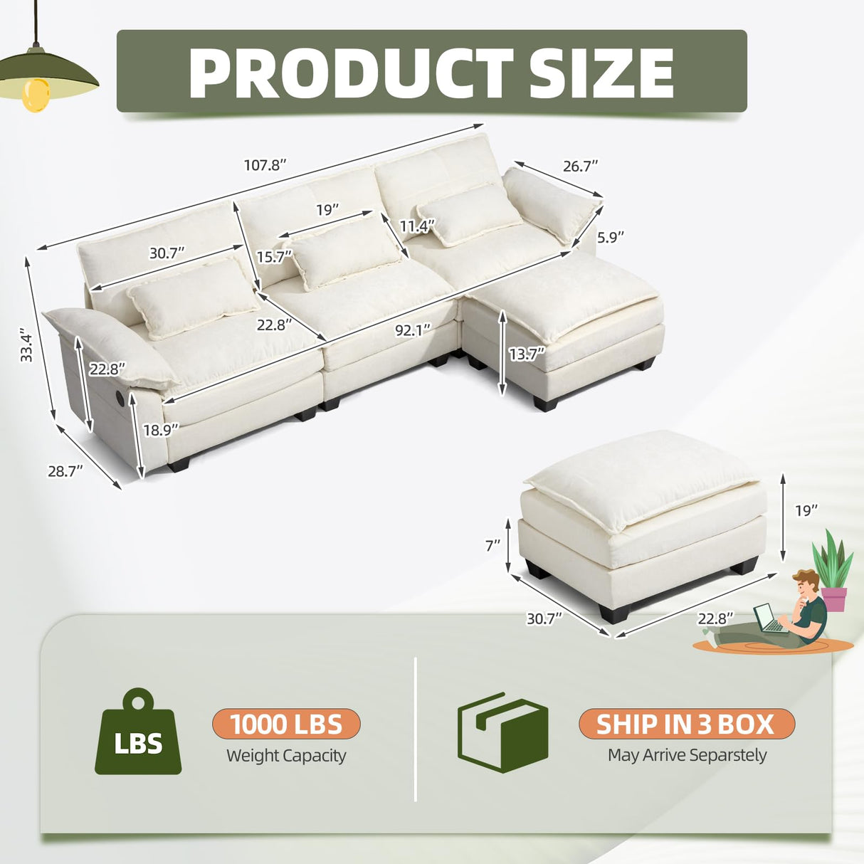 Mvpipi 108" Modular Sectional Sofa, Comfy Cloud Couch with Ottoman & USB Port for Living Room, L Shaped Modern Chenille Couches with Throw Pillows for Bedroom, Apartment, White Mvpipi