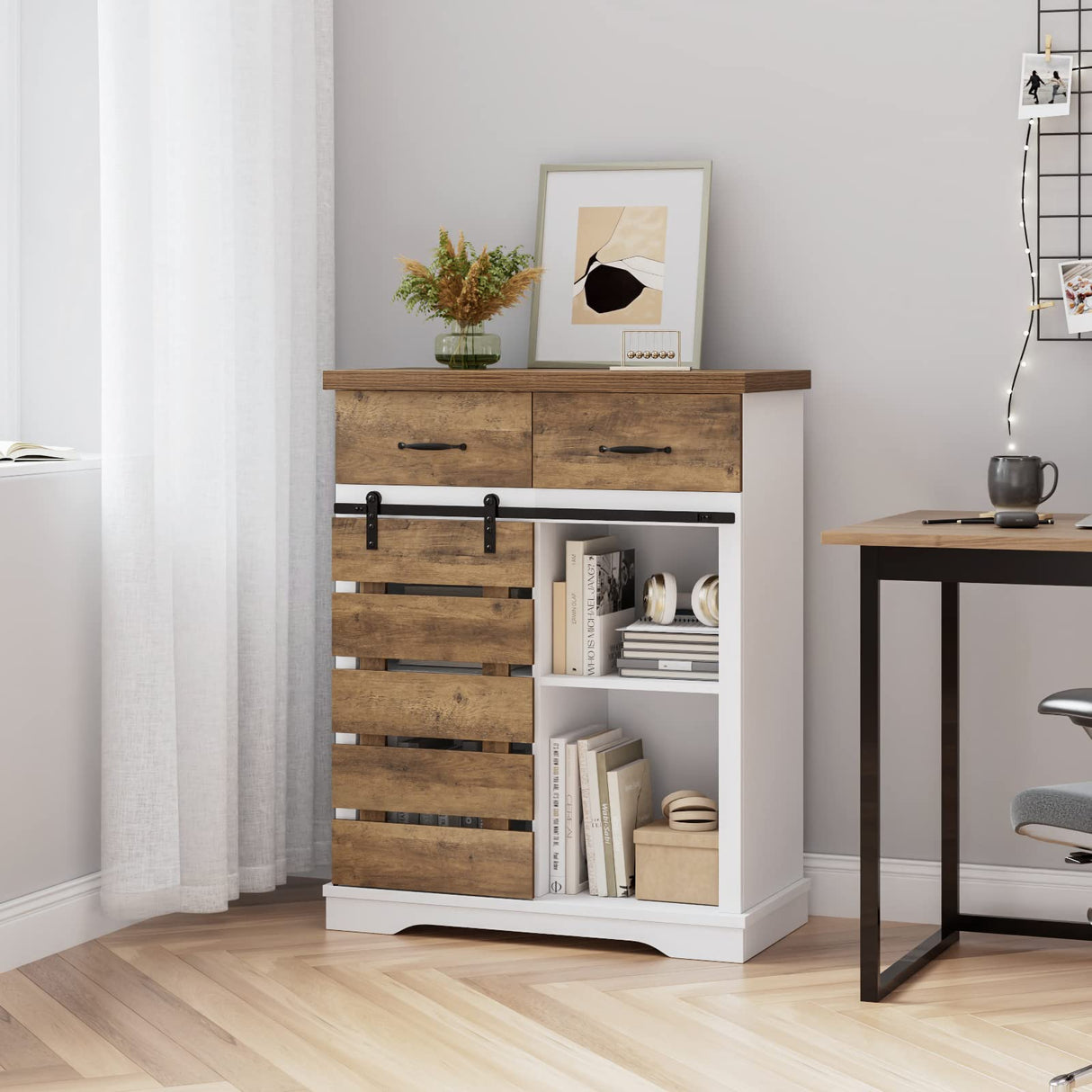 HOSTACK Farmhouse Coffee Bar Cabinet, Sideboard Buffet Cabinet with Drawers and Shelves, Sliding Barn Door Storage Cabinet for Kitchen, Living Room, Dining Room, Entryway, White and Rustic Brown HOSTACK