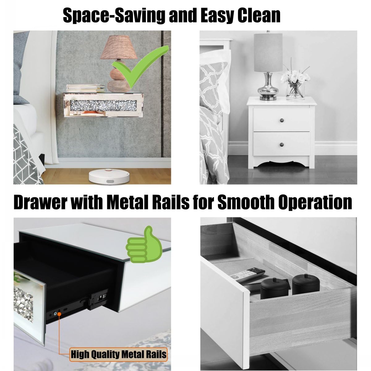 Mirrored Floating Bedside Nightstand with Drawer, Wall Mounted Silver Glass Crystal Diamond Bling Decoration Organizer for Bedroom, Living Room, Small Space, 14.5"×11.5"×4.5" ST3000