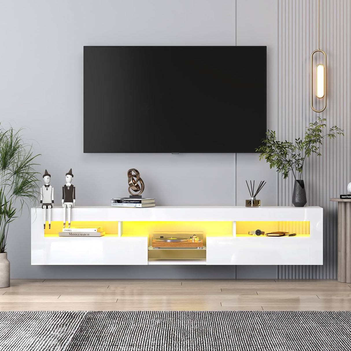 SIKHST Floating LED TV Stand for 85 Inch TV with Glass Shelves and Cabinet, 71 Inch Wall Mounted Modern Entertainment Center Media Console with Storage,White SIKHST