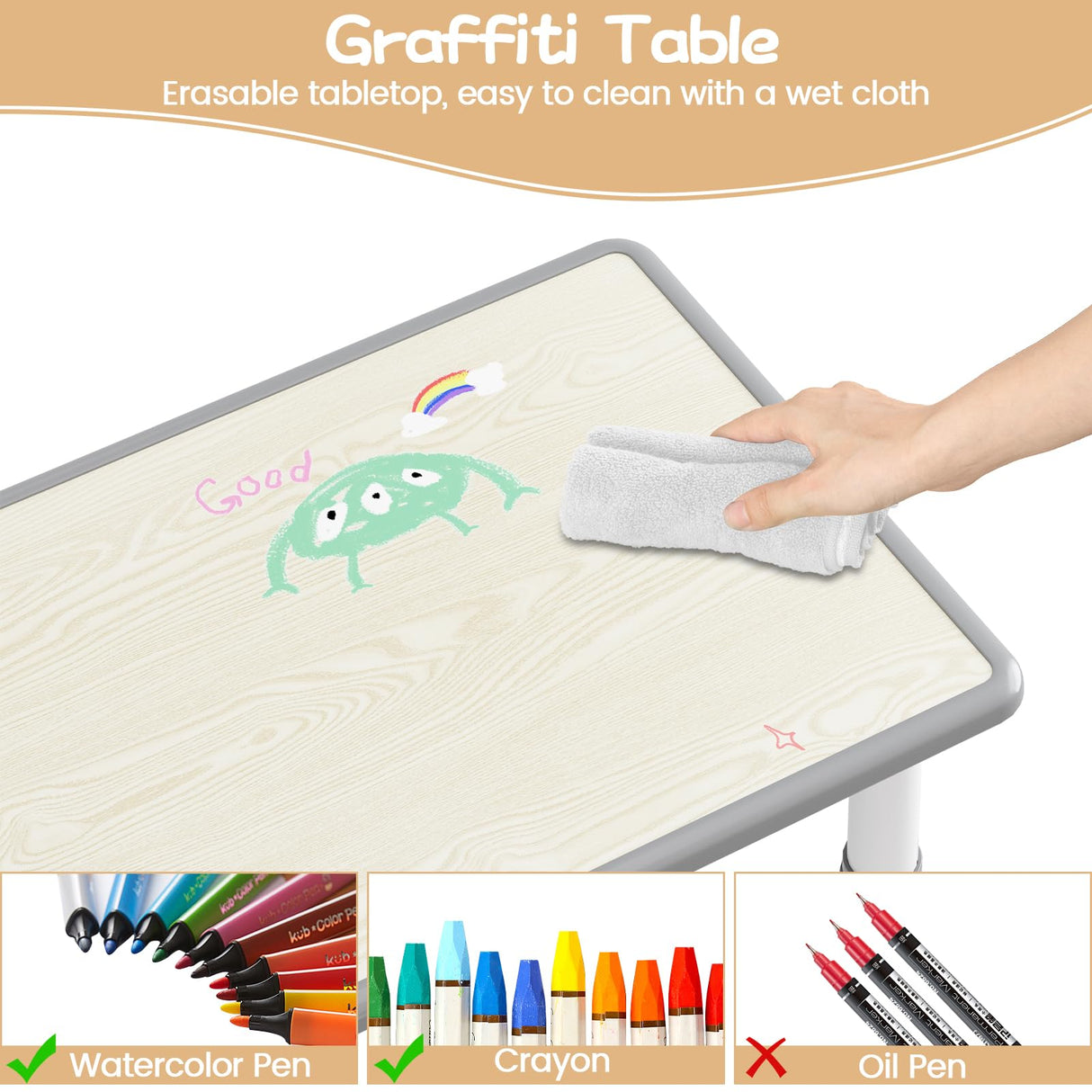 Kids Table and Chair Set, Height Adjustable Toddler Table and 4 Chairs Set for Ages 2-10, Graffiti Desktop, Non-Slip Legs, Arts & Crafts Table, Children Activity Table for Daycare Classroom Home GAOMON