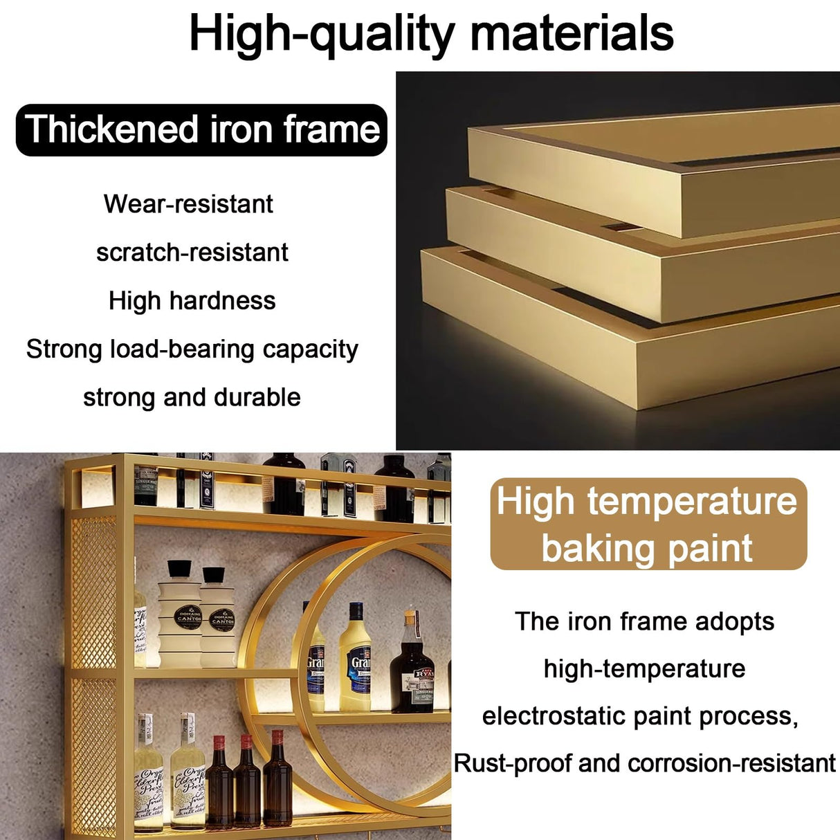 AKOGG Wine Rack Wall Mounted With LED Light & Wine Glass Holder,Iron Bar Liquor Shelf,Floating Wall Wine Shelves,Liquor Bottle Display Shelf,Wine Glass Storage Racks,For Kitchen Wine Cellar,Gold/Black AKOGG