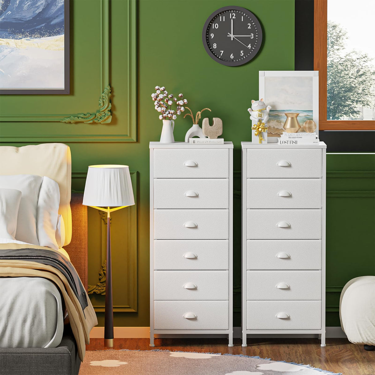 Furnulem White Tall Dresser for Bedroom,Vertical Storage Tower Unit and End Table with 6 Drawers, Nightstand Furniture with Fabric Drawer Organizer in Living Room,Closet,Entryway,Hallyway Furnulem