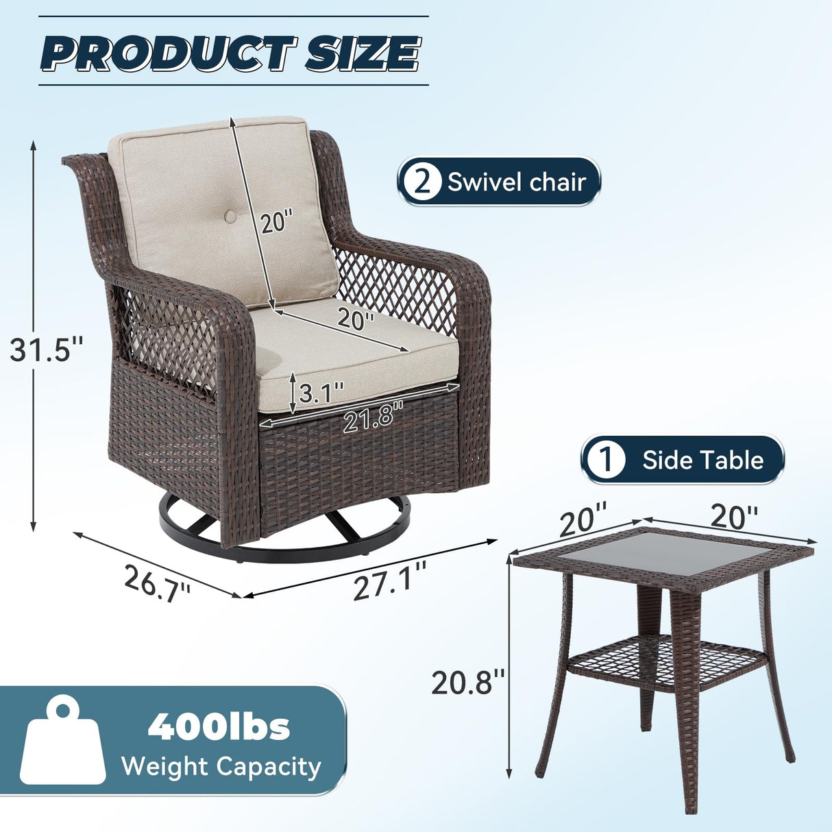 Suvivityse 3 Pieces Outdoor Swivel Chair, Wicker Patio Bistro Set with Rocking Chair, Side Table for Garden Porch Backyard(Beige) Suvivityse