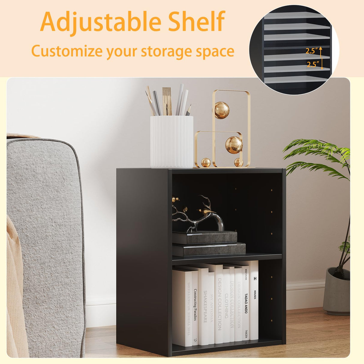 Tangkula 2-Tier Bookshelf, Open Shelf Bookcase with 7-Position Adjustable Shelf, Multifunctional Wooden Cubby Storage Display Shelf for Home Office Study Living Room (Black, 1) Tangkula