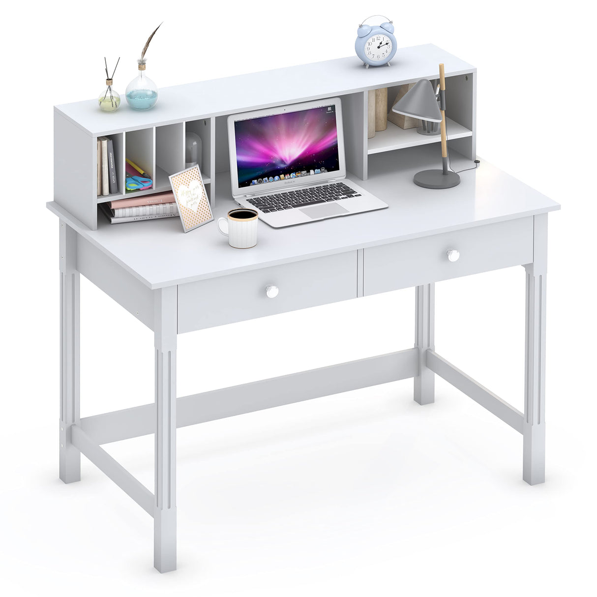 WiberWi Computer Desk with Drawers and Hutch, 43.3 inch White Home Office Desks Small Makeup Vanity Desk Table with Storage for Small Spaces Bedroom, Writing Desk Study Table WiberWi