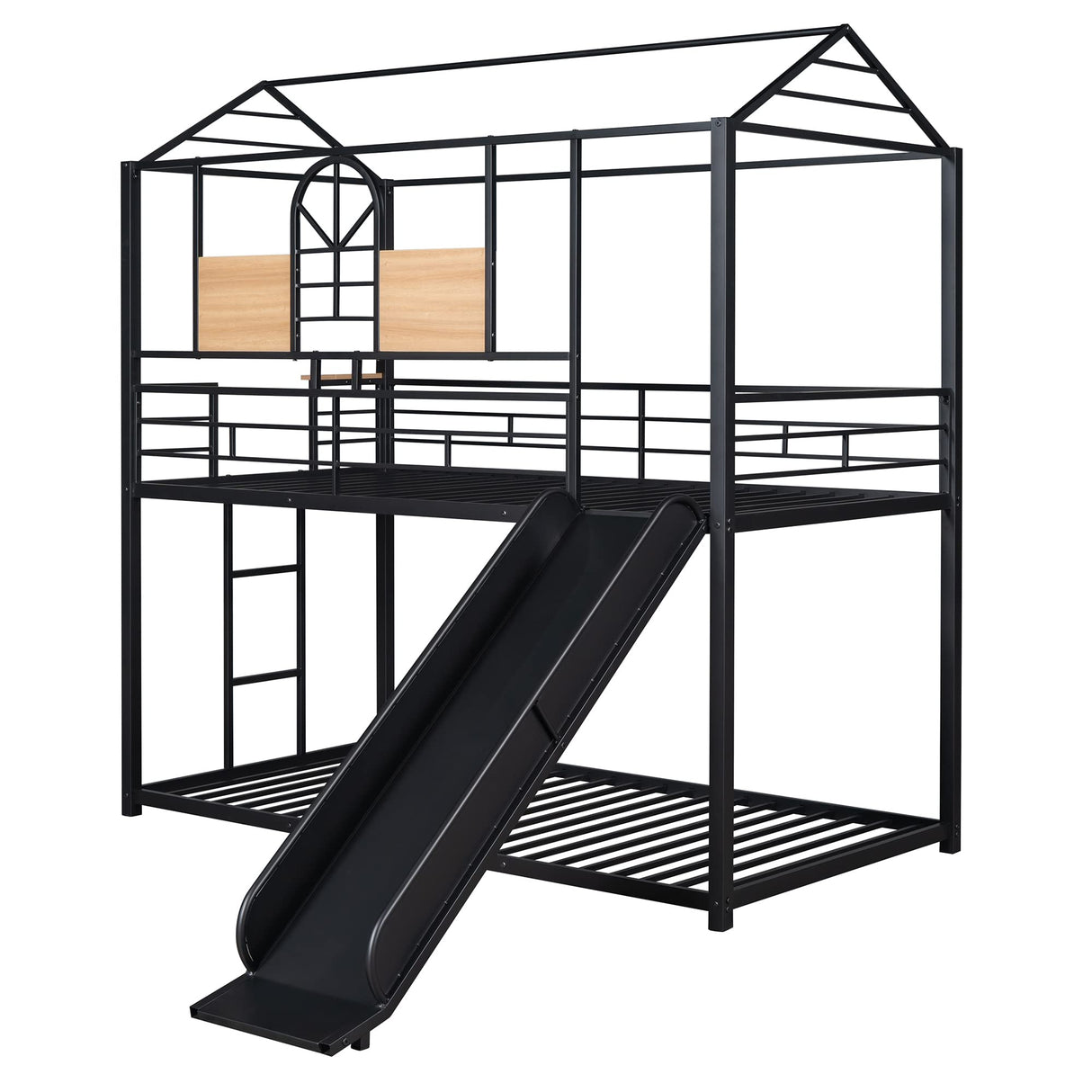 Merax Twin Over Twin Metal House Bunk Bed Frame with Slide, No Box Spring Needed, Black Merax