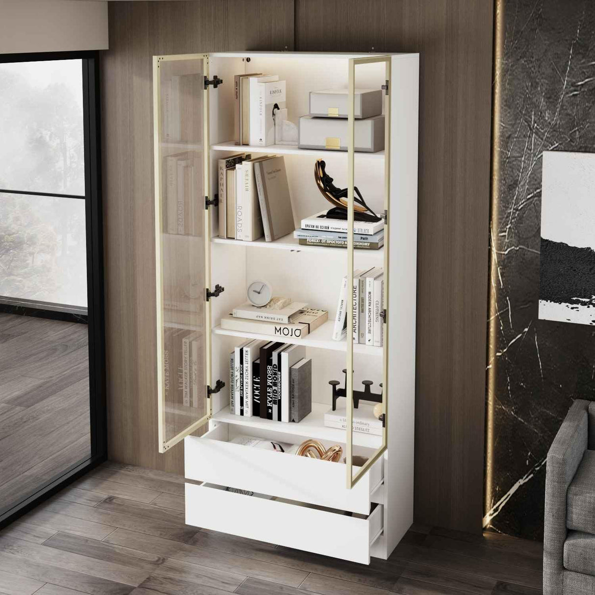 FUNISIR Curio Display Cabinet with Light, Storage Shelves with Pop-up Glass Doors, 2 Drawers & 3 Color Light, Collectibles Cabinet Display Shelf, Bookshelf Showcase for Living Room, White w/Drawer FUNISIR