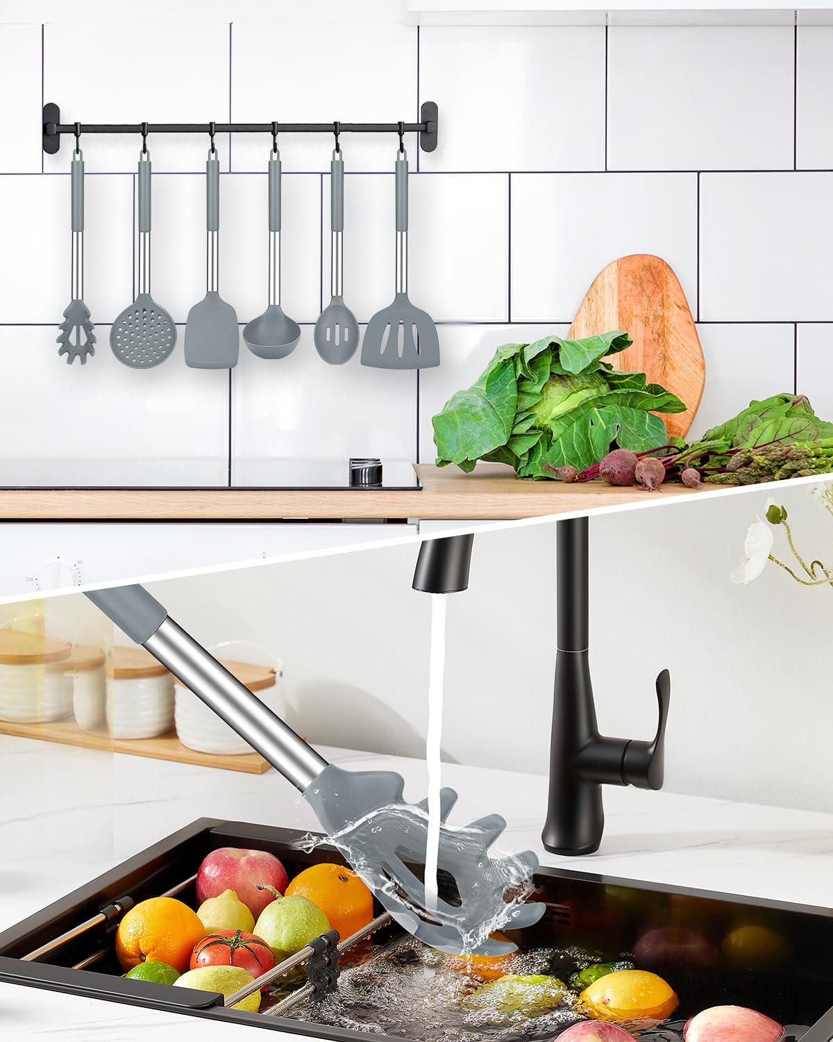 Silicone Cooking Utensil Set, 8Pcs Non-stick Cookware with Stainless Steel Handle, BPA Free Heat Resistant Kitchen Tools with Spatulas, Turnesr, Spoons, Skimer and Pasta Fork (GRAY) BUNDLEPRO