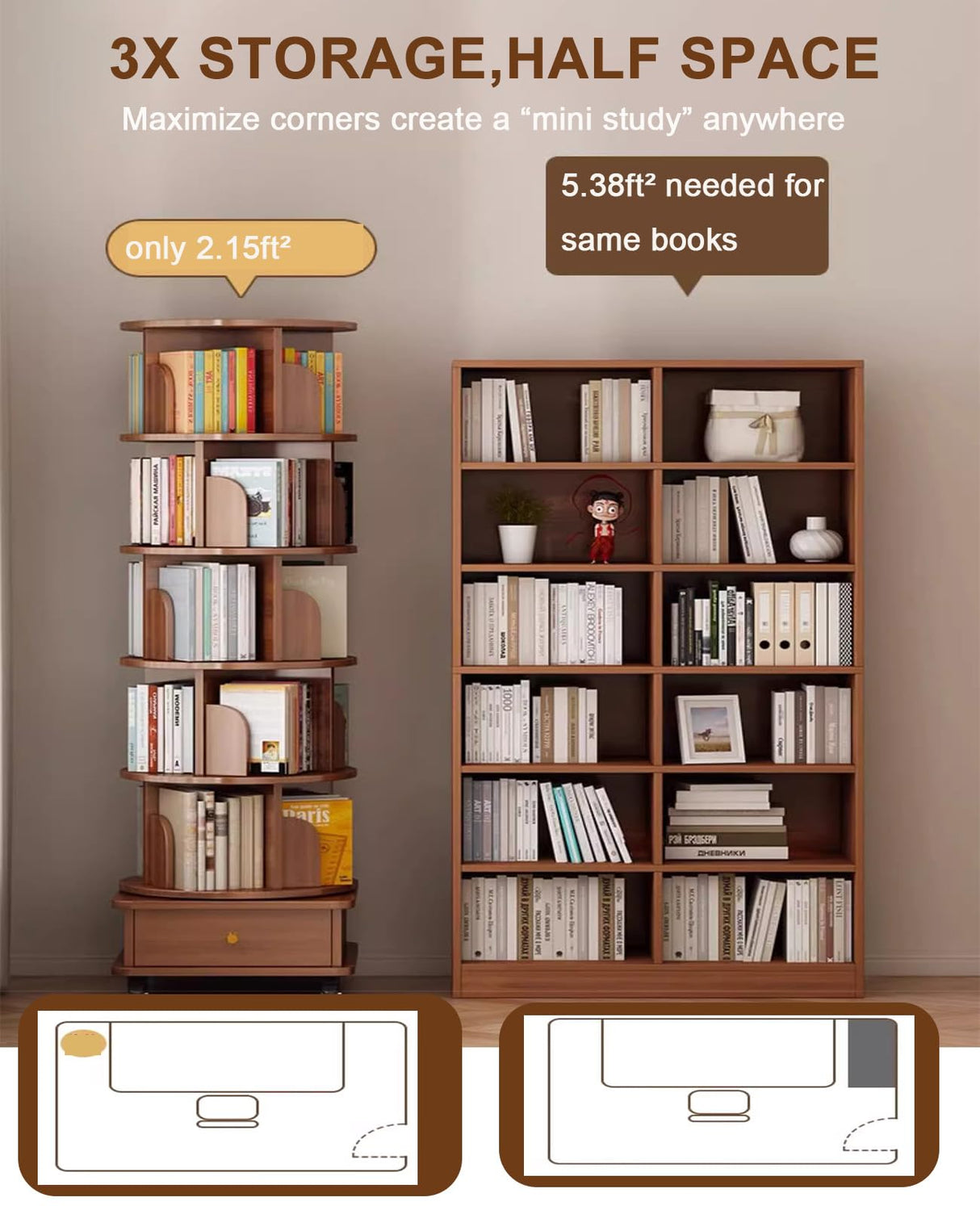 Rotating Bookshelf with Drawers On Wheel, 360° Display Spinning Corner Book Shelf Tower, 6 Tier Tall Narrow Bookshelves, Small Revolving Bookcase (Walnut, 6 Tier+Drawer) Breevia