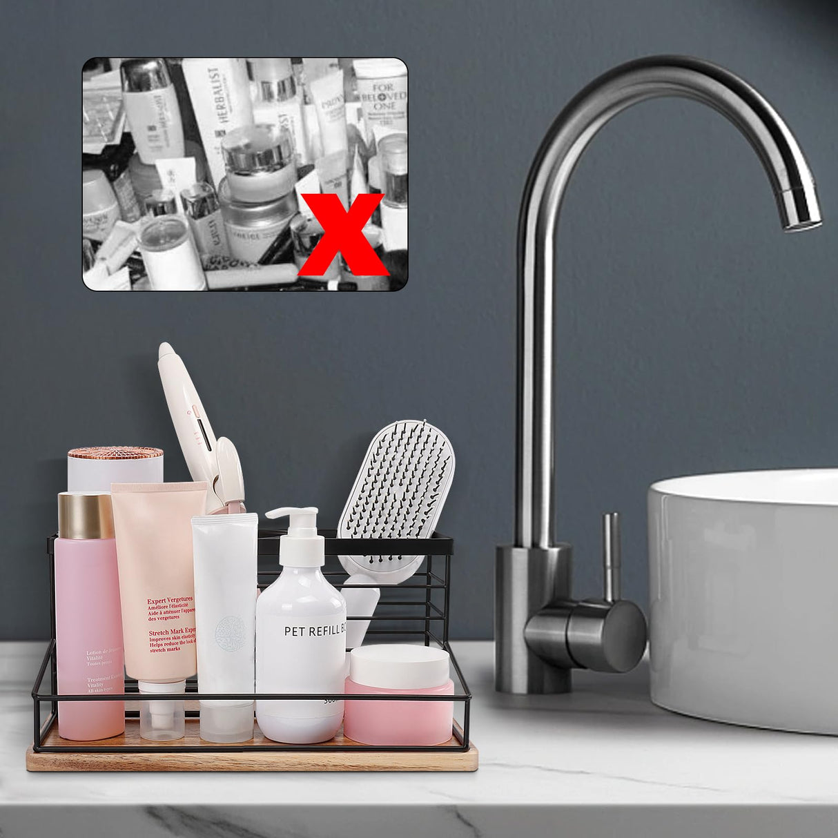 Siyzda Hair Tool Organizer, Movable Hair Dryer Holder, Hair Styling Tools Storage for Vanity, Bath Counter Organizer, Bathroom Trays for Hair Toiletry, Makeup (12" x 7.7" x 5.8", Wood-Black) Siyzda