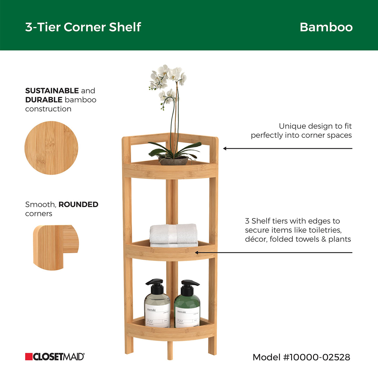 Bamboo Corner Shelf with 3 Tiers - Stylish Floor Standing Unit for Small Spaces by ClosetMaid ClosetMaid