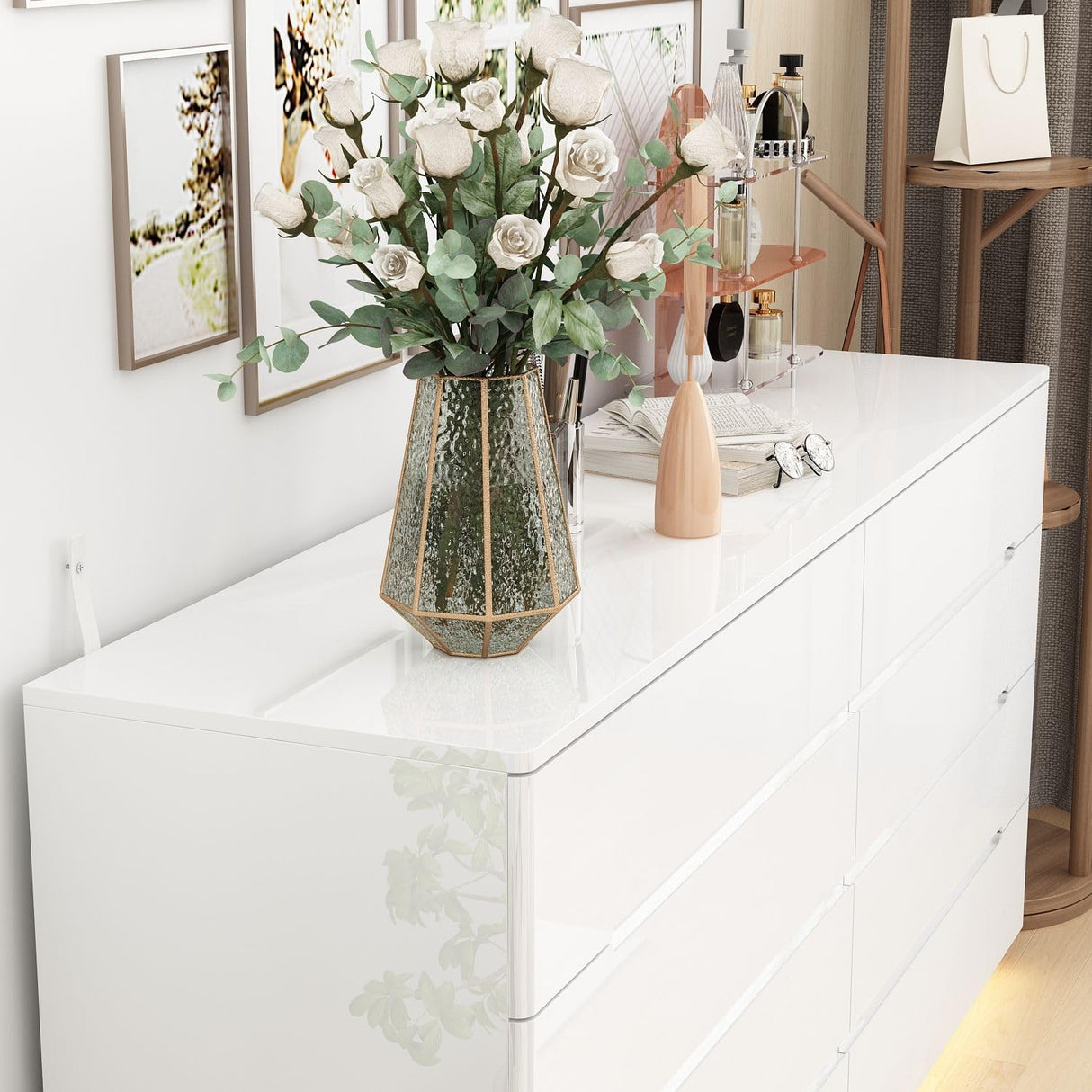 MOUMON High Gloss Dresser with Lights Chest of Drawers, Modern Glossy 8 Drawer Dresser with Curved Edge, for Bedroom White 15.7“D x 63”W x 30.9”H MOUMON