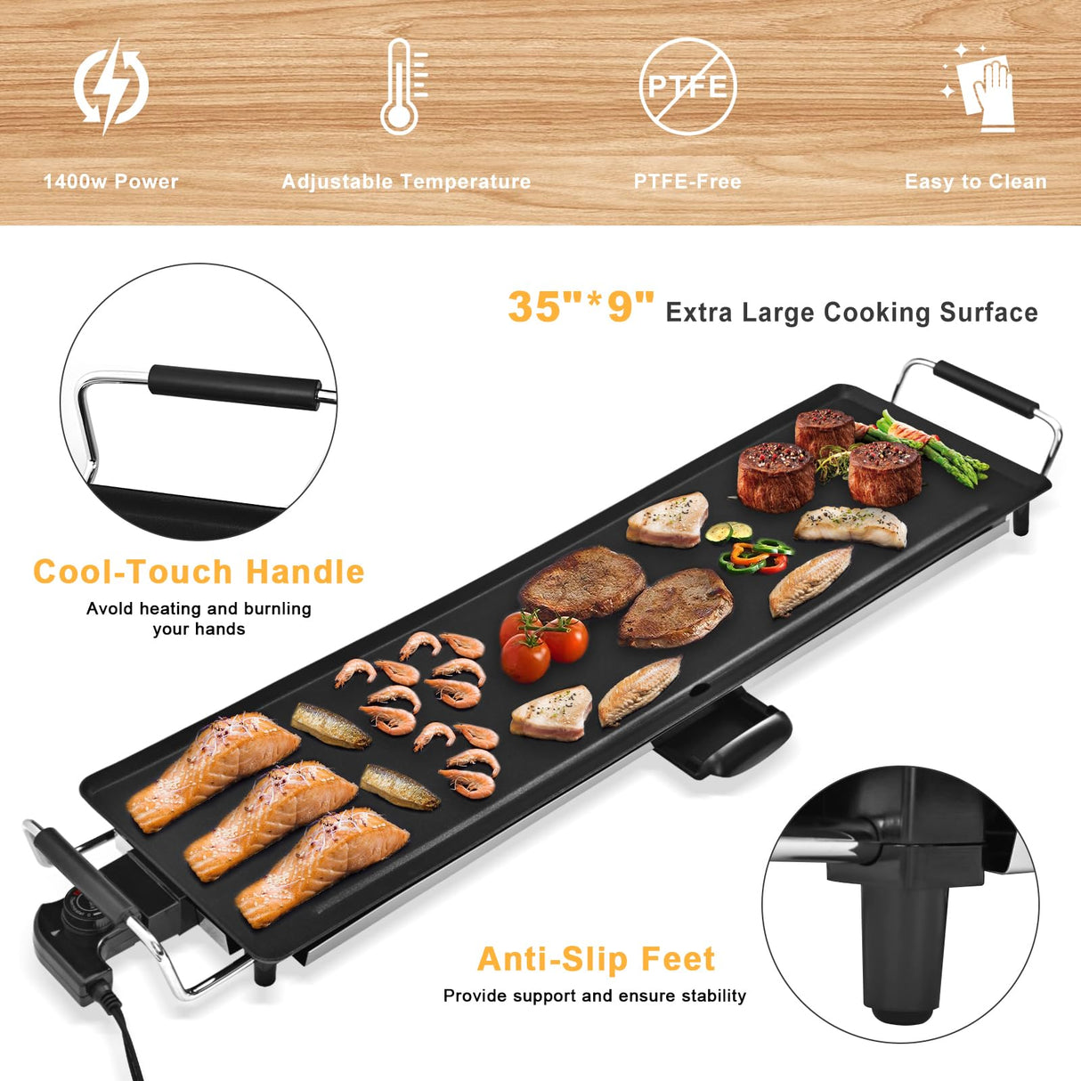 AEWHALE Electric Nonstick Extra Larger Griddle Grill-35" Teppanyaki Grill BBQ with Adjustable Temperature &Insulated Handles for Indoor/Outdoor AEWHALE