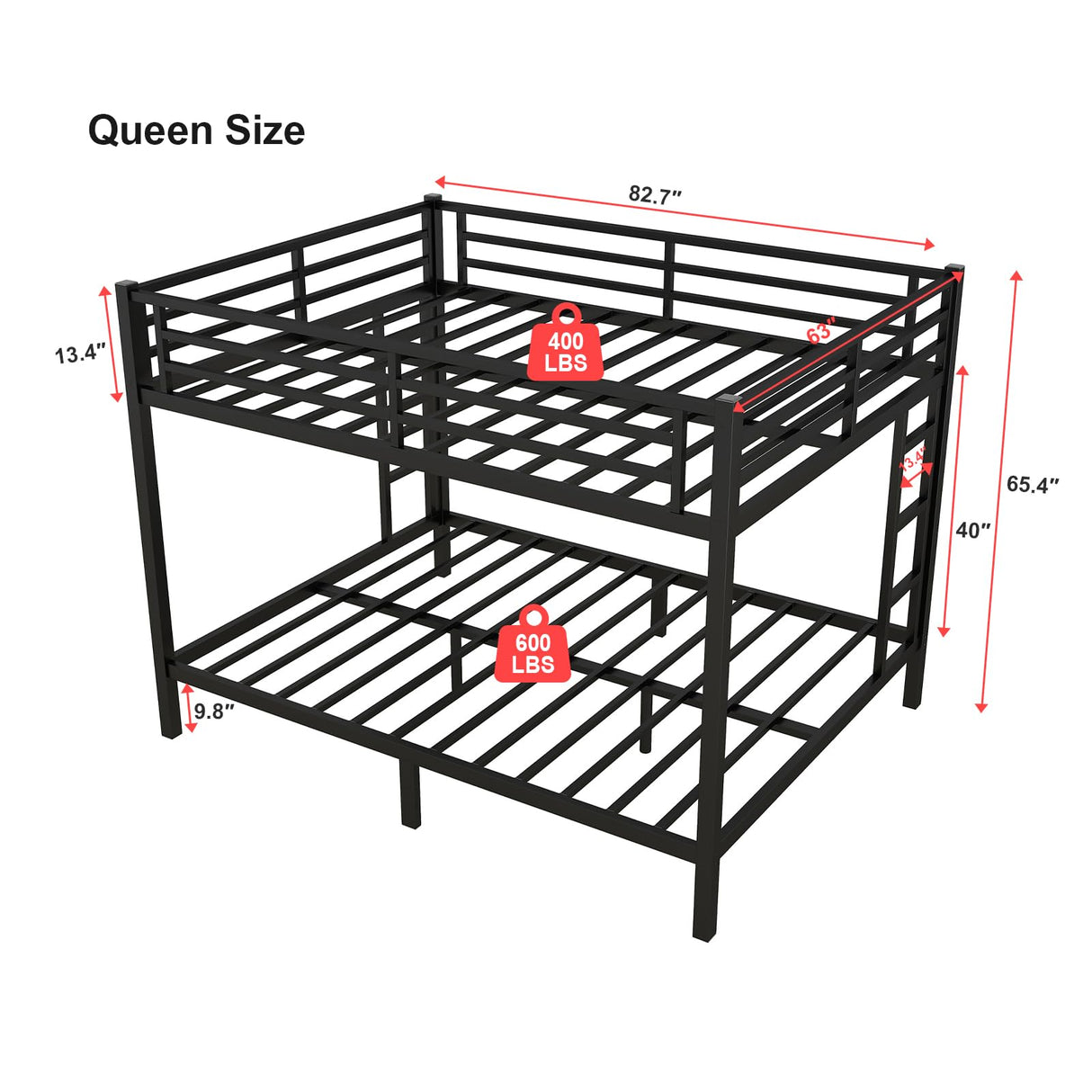 HKOLIE Queen Over Queen Bunk Bed, Metal Bunk Bed Frame Heavy Duty Bunk Beds Loft Bed Frame with Ladder and Guardrail Metal Slats No Box Spring Required for Adults Teens, Queen Over Queen Size HKOLIE