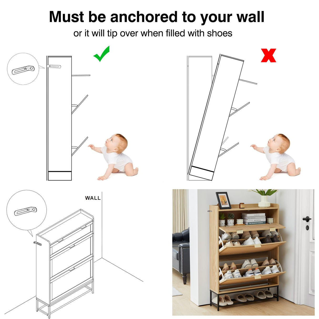 affeivul Hidden Shoe Cabinet for Entryway Slim, Free Standing Narrow Shoe Rack Cabinet Rattan Carving, 2 Flip Drawer Shoe Storage Organizer Cabinet for Closet,Door,Dorm,Garage,Small Spaces - Natural affeivul