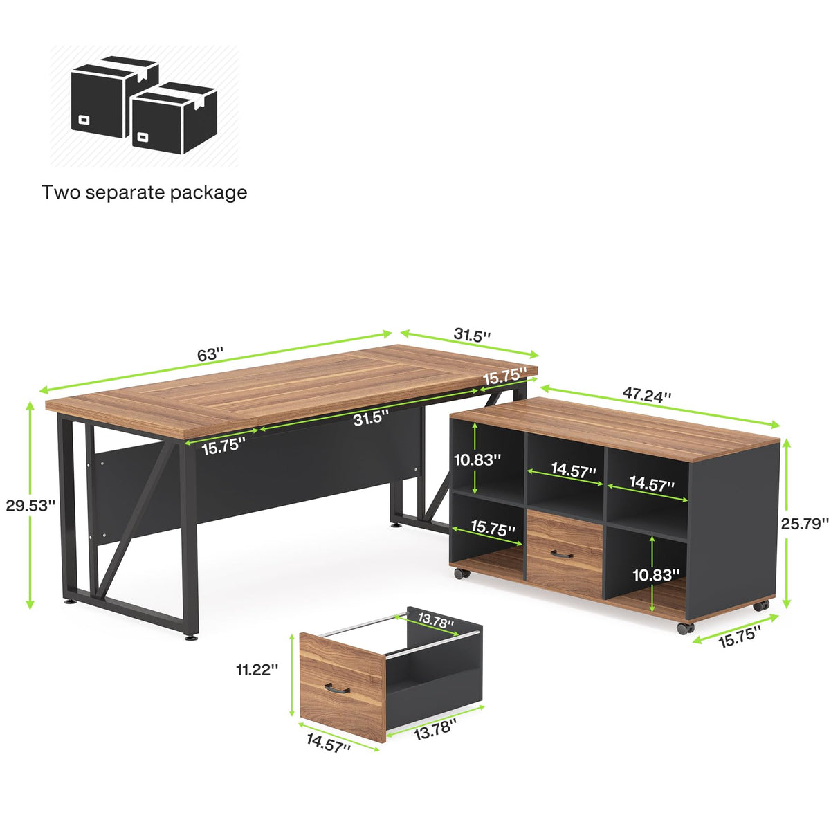 Tribesigns 63 inches Executive Desk and 47" lateral File Cabinet, L-Shaped Computer Desk Home Office Business Furniture with Drawers and Storage Shelves, Office Table,Brown and Black Tribesigns