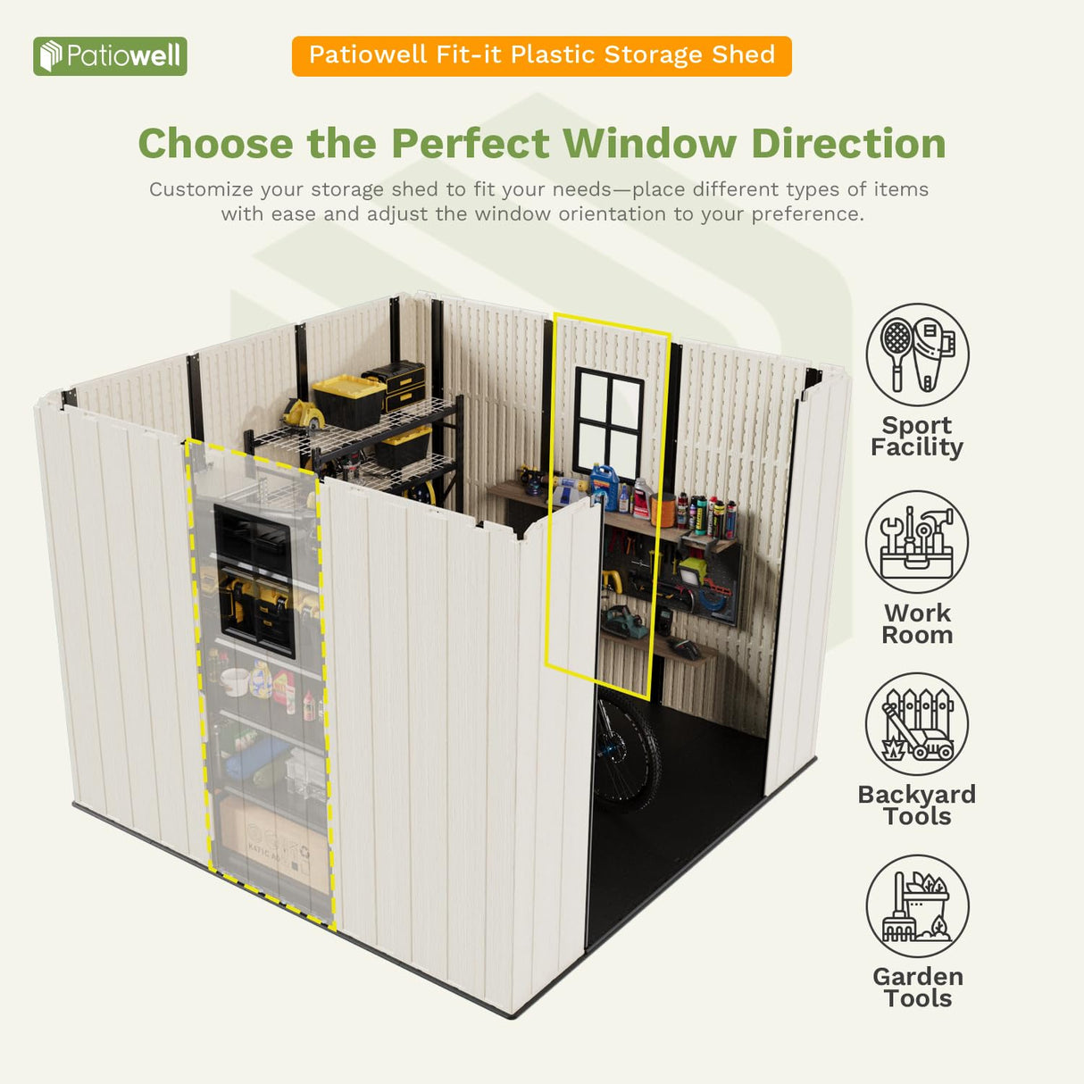Patiowell 8 x 6 FT Resin Outdoor Storage Shed with Floor, Large Shed with Light and Lockable Door for Garden, Backyard, Tool Storage Use, Easy to Install in Beige (Kick-it Shed) Patiowell