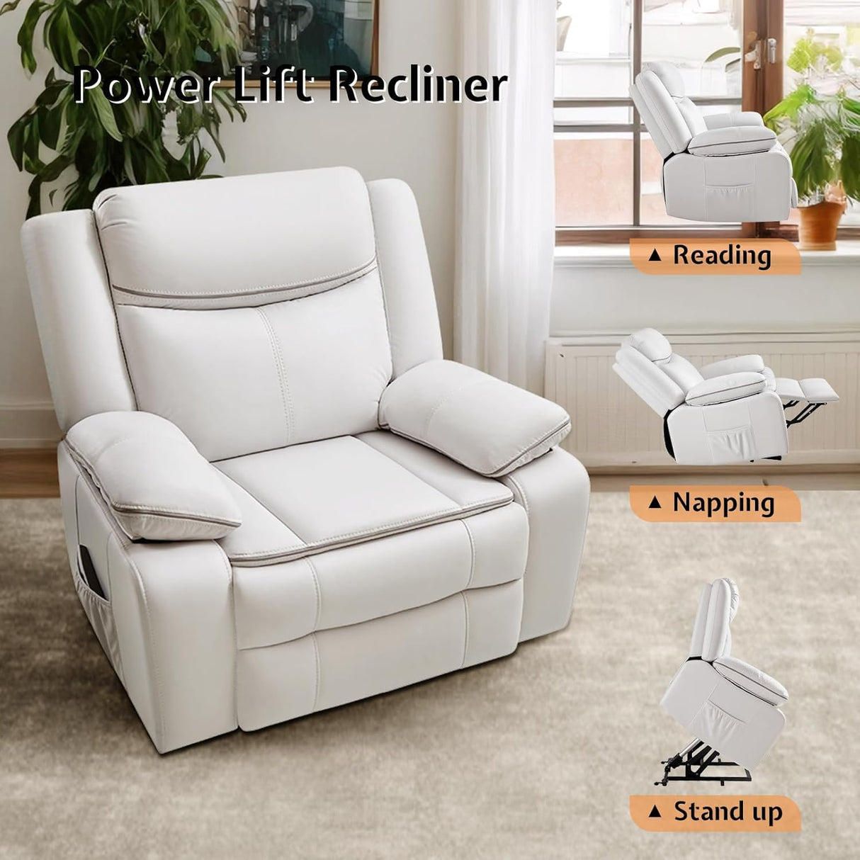 Jocisland Oversized Power Lift Recliner Chairs for Adults, Electric Lazy Boy Recliners for Elderly with USB Port, Large Lay Flat Reclining Sofa for Living Room Bedroom, Faux Leather, White Jocisland