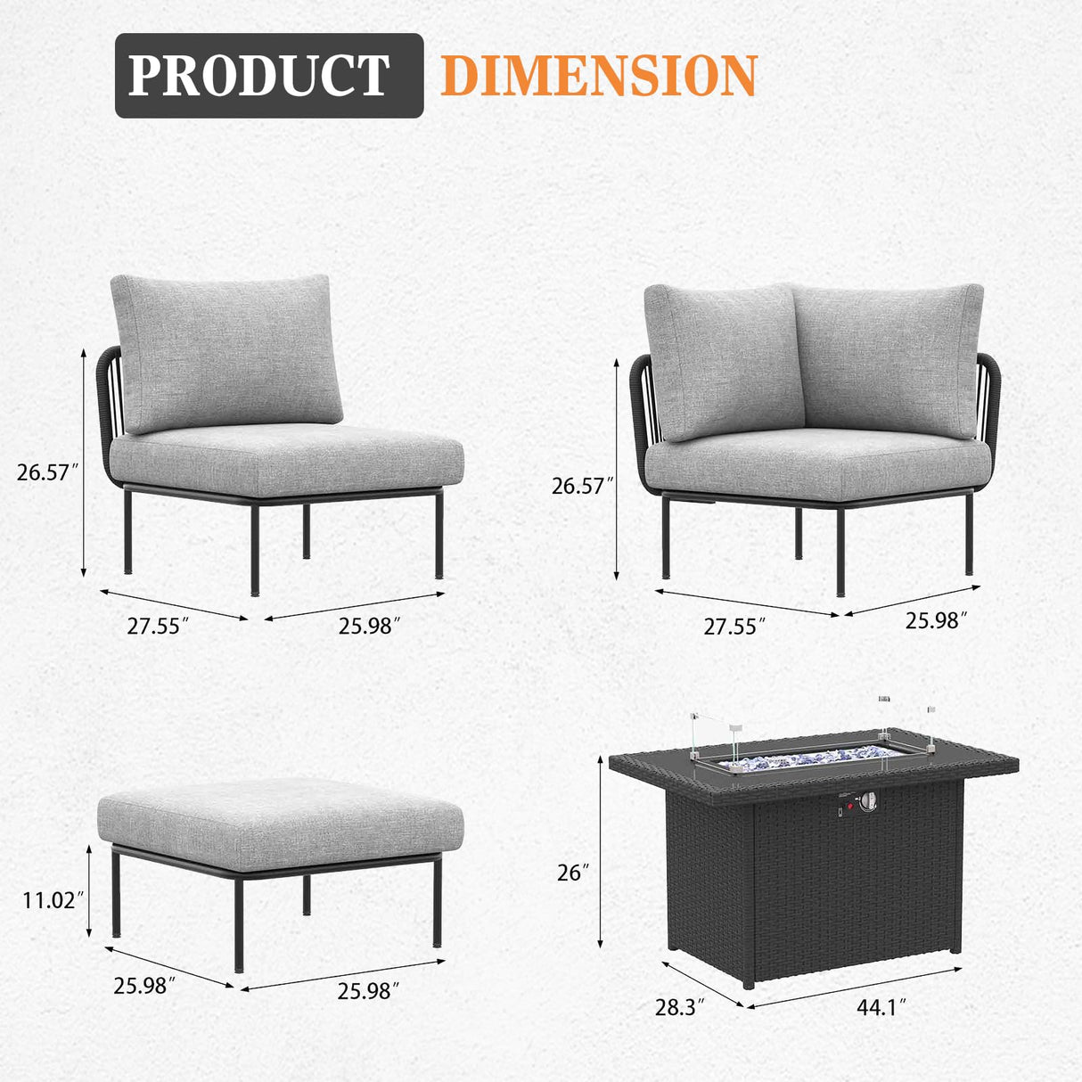 Vakollia 7 Piece Modern Outdoor Rope Wicker Sectional Patio L-Shaped Conversation Sofa Set Deep Seating with Fire Pit Table Vakollia