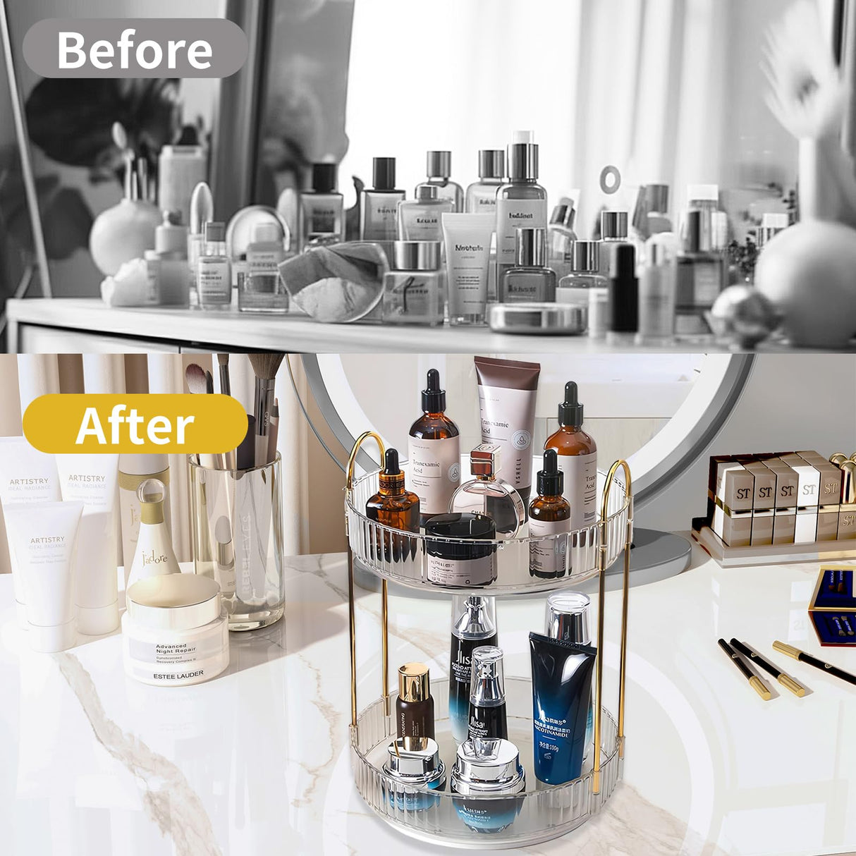 Asayuee 360 Rotating Makeup Organizer,2 Tier Large Capacity Make Up Organizers and Storage,Skincare Perfume Vanity Organizers,Bathroom Cosmetics Storage Organizer Countertop(Clear-2 Tier) Asayuee