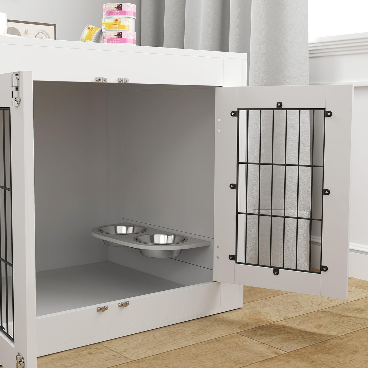 PawHut Dog Crate Furniture w/ 360° Rotatable Removable Dog Bowls, Dog Kennel Furniture w/Two Doors, Non-Slip Foot Pads, Furniture Dog Crate End Side Table for Medium Dogs, 31.5" x 24" x 25", White PawHut