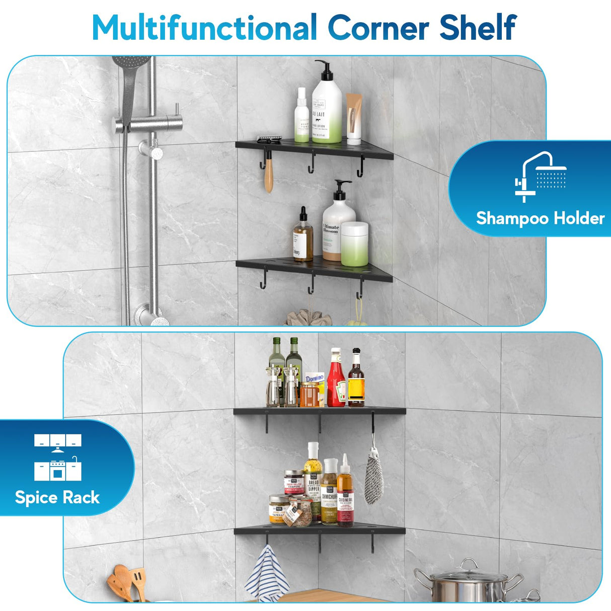 SZWQILIN Corner Shower Shelves, 10" Matte Black 304 Stainless Steel Recessed Shelf for Bathroom,Grout in Shelf with Hooks for Tiled Wall 2 Pack (Black) SZWQILIN