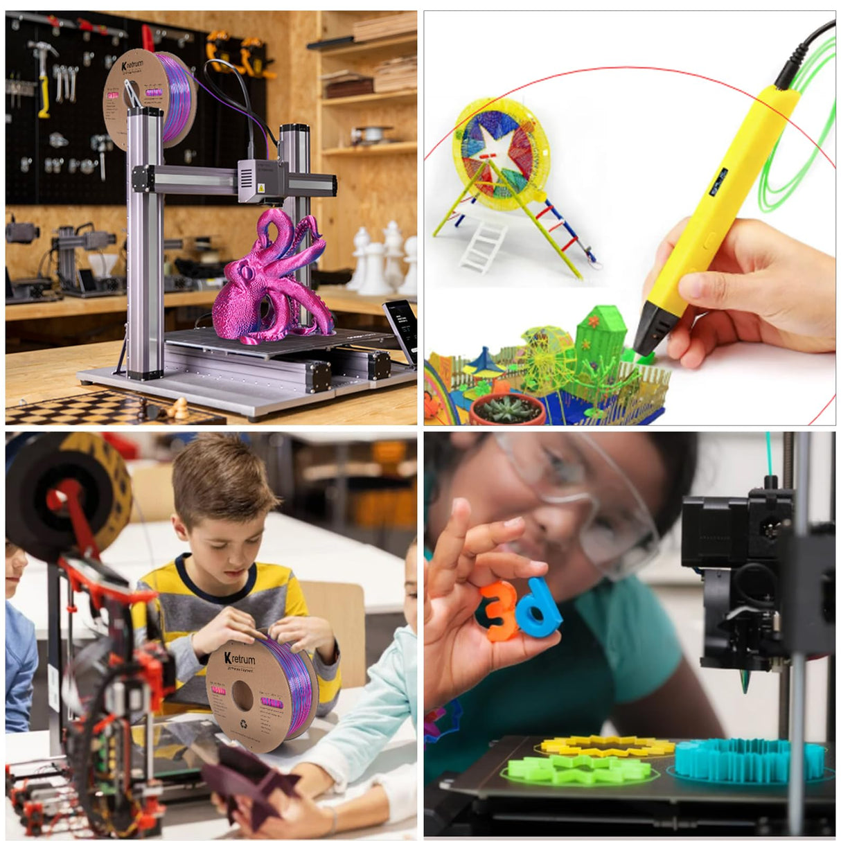 Kretrum Silk PLA 3D Printer Filament Dual Color Refills 1.75 mm Color Changing Bundle Dimensional Accuracy +/- 0.02 mm 250g x 4 Spools (Rose & Blue, Red & Gold, Violet & Green, Blue & Green) Kretrum